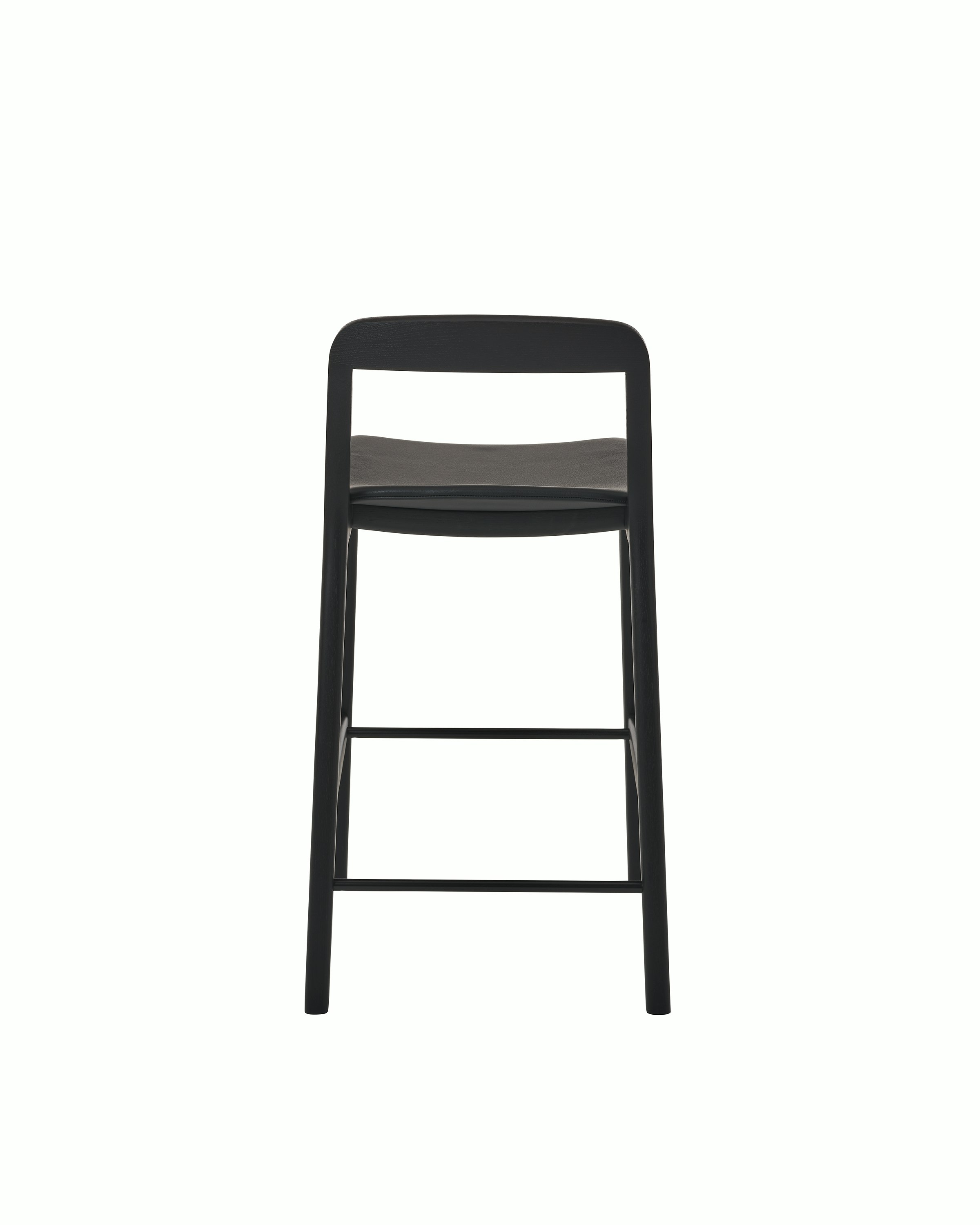 Lijn Stool by Carole Baijings for Geiger in Ebonized Oak frame upholstered with Maharam Prone Leather in Obsidian, back view on a white sweep.