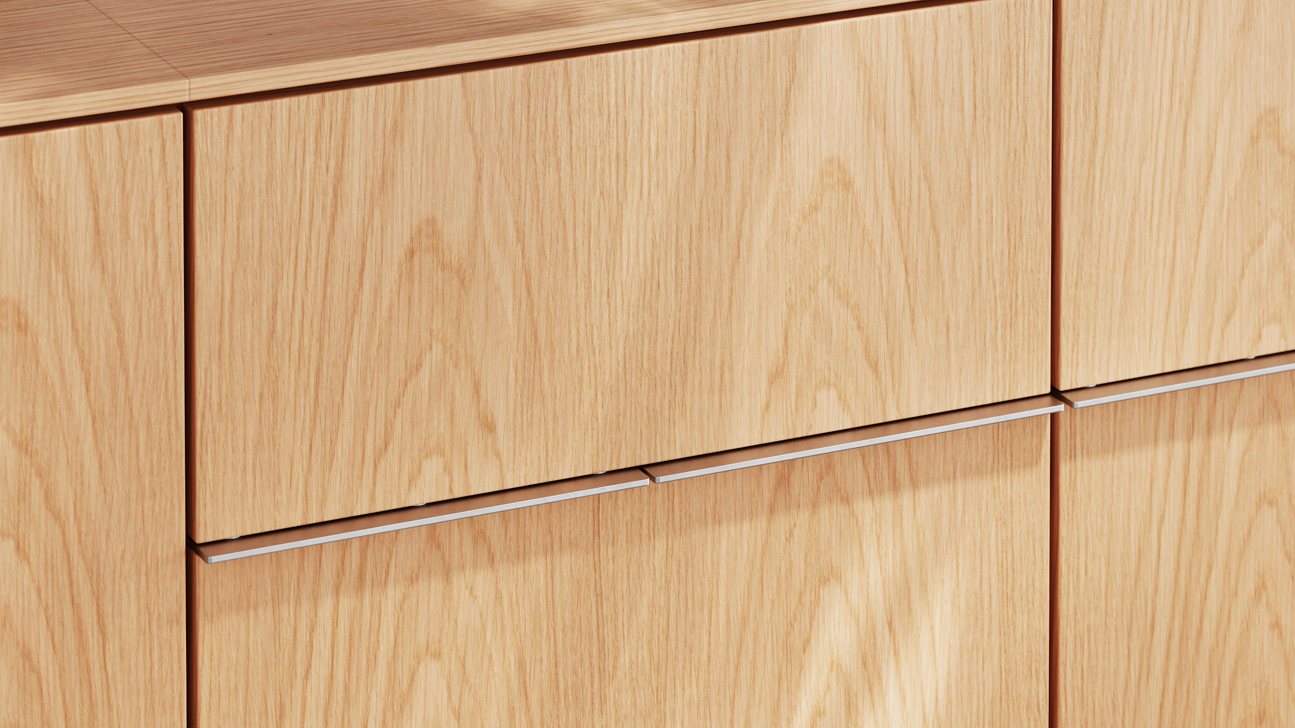 Detail shot of Ascent Credenza designed by EOOS in Natural Flat Cut Oak showing the credenza drawers and pulls.