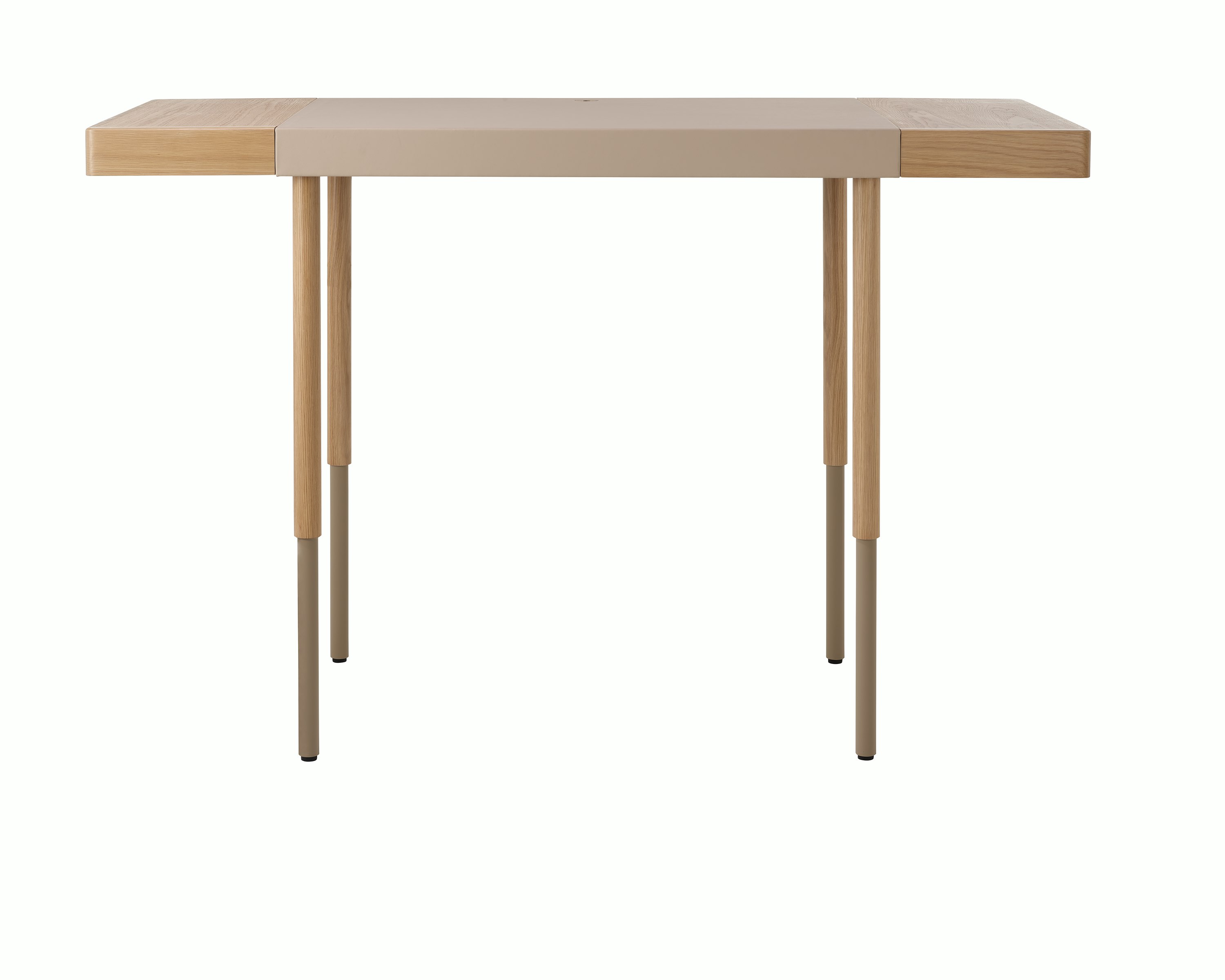 New Canaan Leatherwrap Sit-to-Stand Desk in Oak and Champagne Leather, two drawers, fully raised, front view.