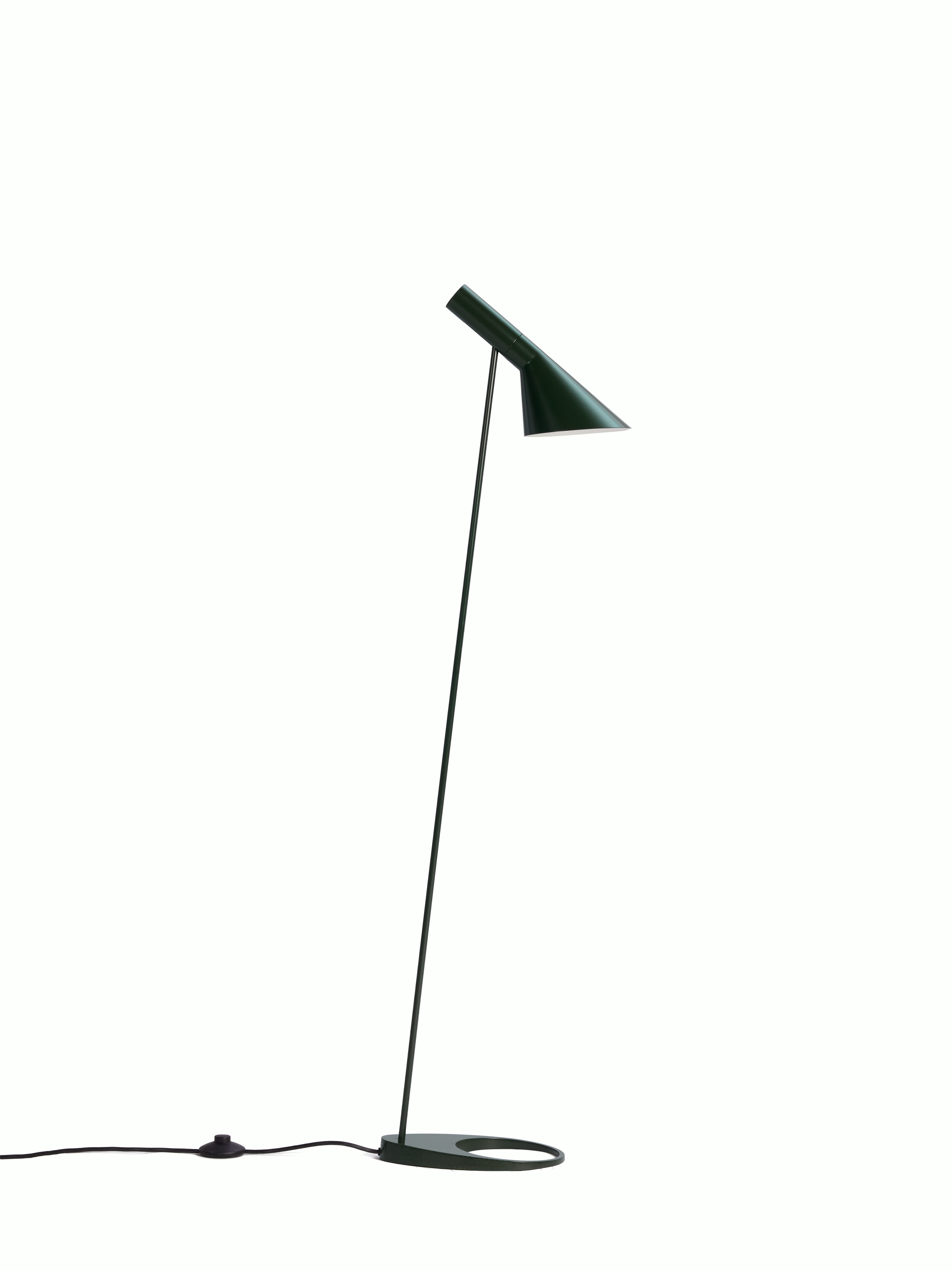 A AJ Floor Lamp in olive green viewed from the side.