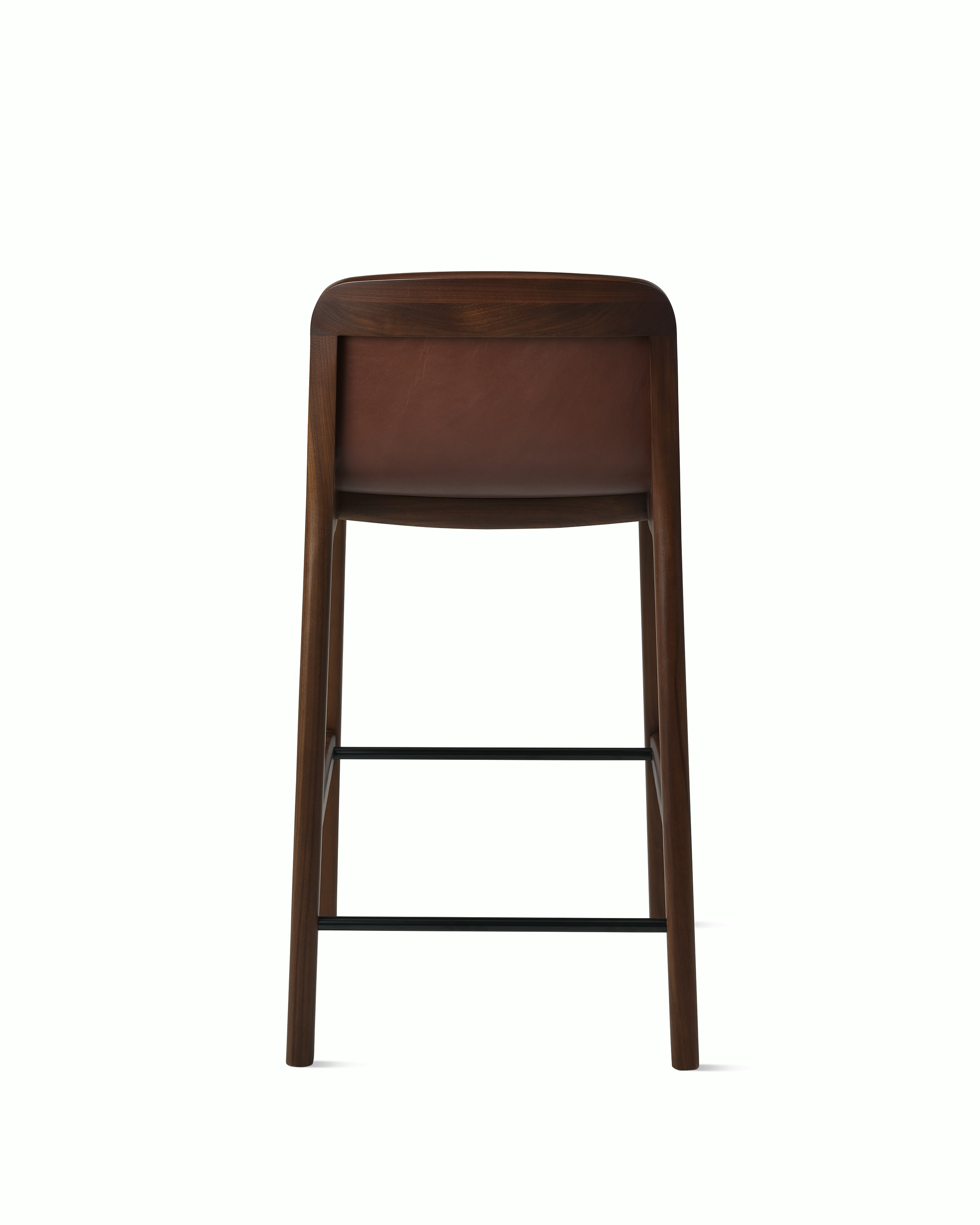 Lijn Stool by Carole Baijings for Geiger in Persian Walnut frame upholstered with Maharam Hue Leather in Bittersweet, back view on a white sweep.