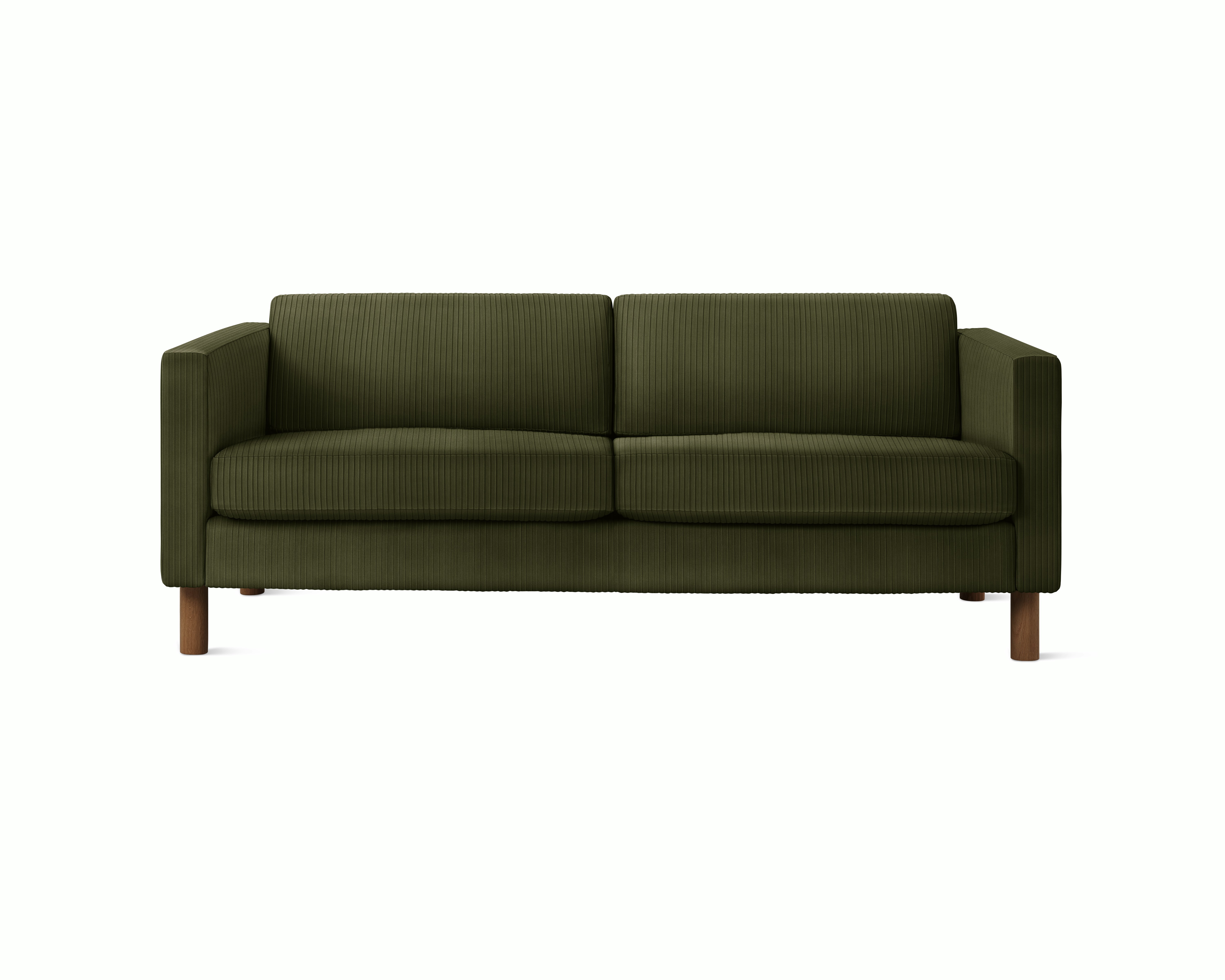 A Lispenard Sofa in Lacinato upholstery with walnut legs viewed from the front.