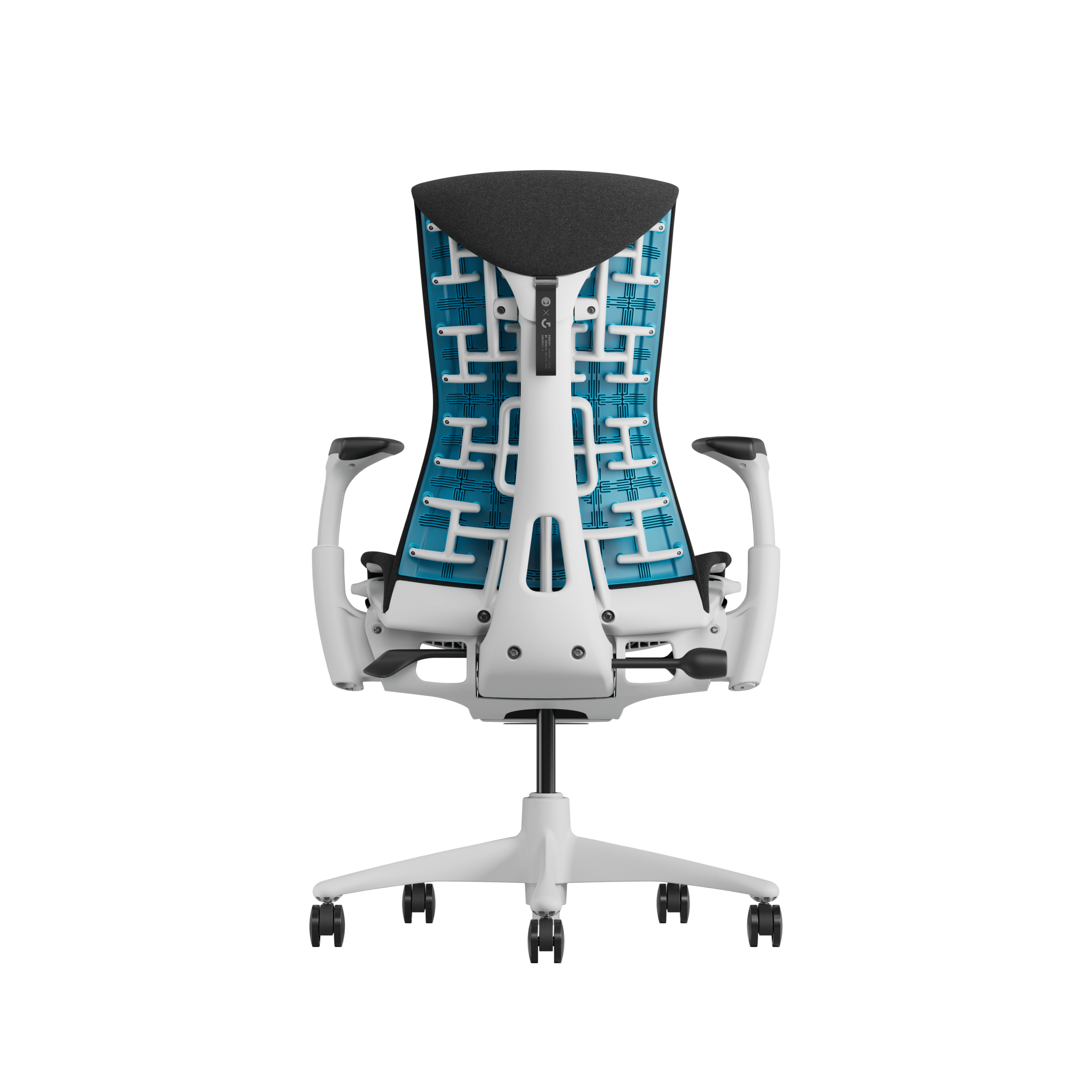 Embody Gaming Chair in White, Black and Cyan viewed from the back