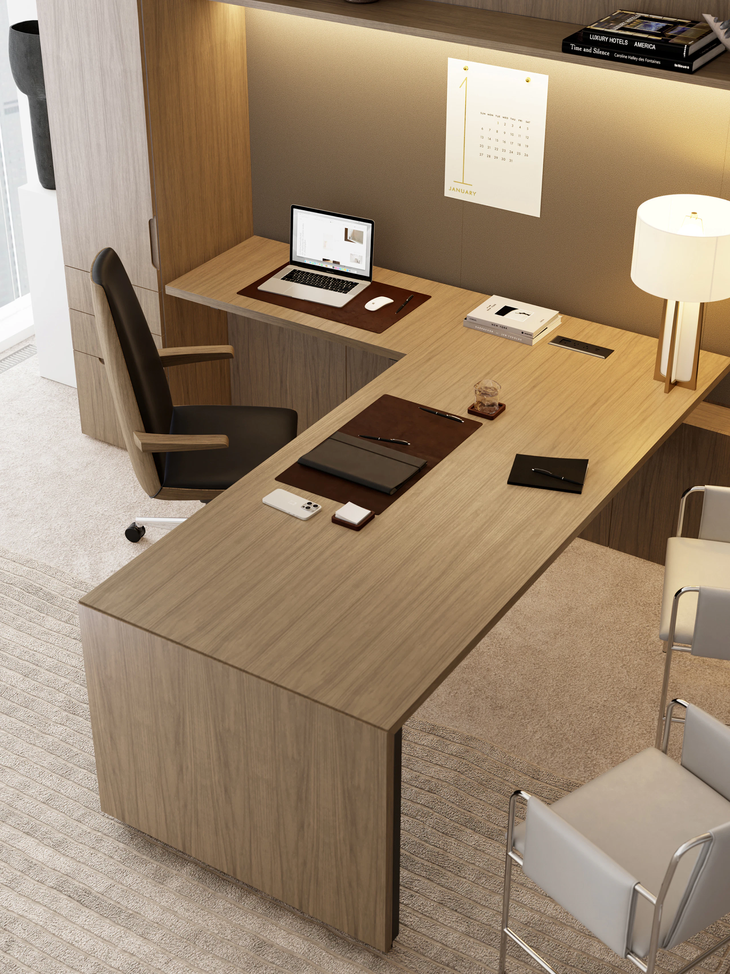 A Geiger One Private Office in Natural Flat Cut Walnut with a Clamshell Office Chair and Envelope Guest Chairs viewed from above.