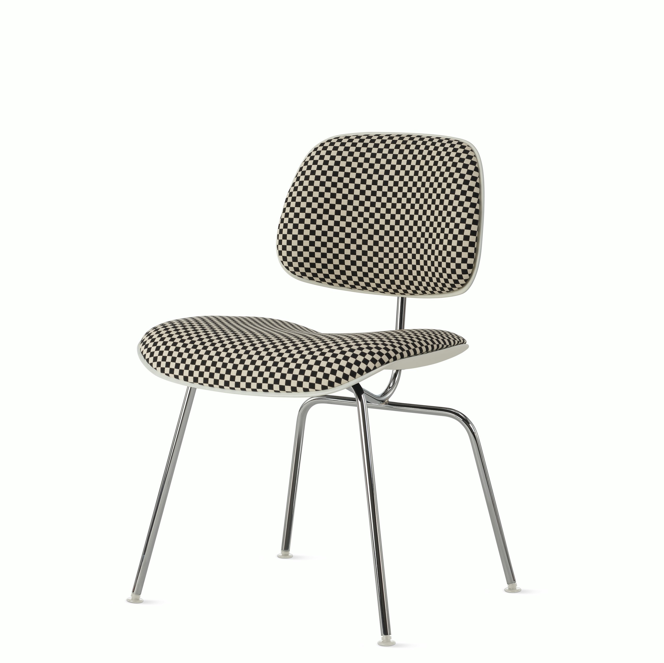 Eames Molded Plastic Dining Chair (EC-127) - Side Chair, Upholstered, White, Checker, Black / White, Trivalent Chrome