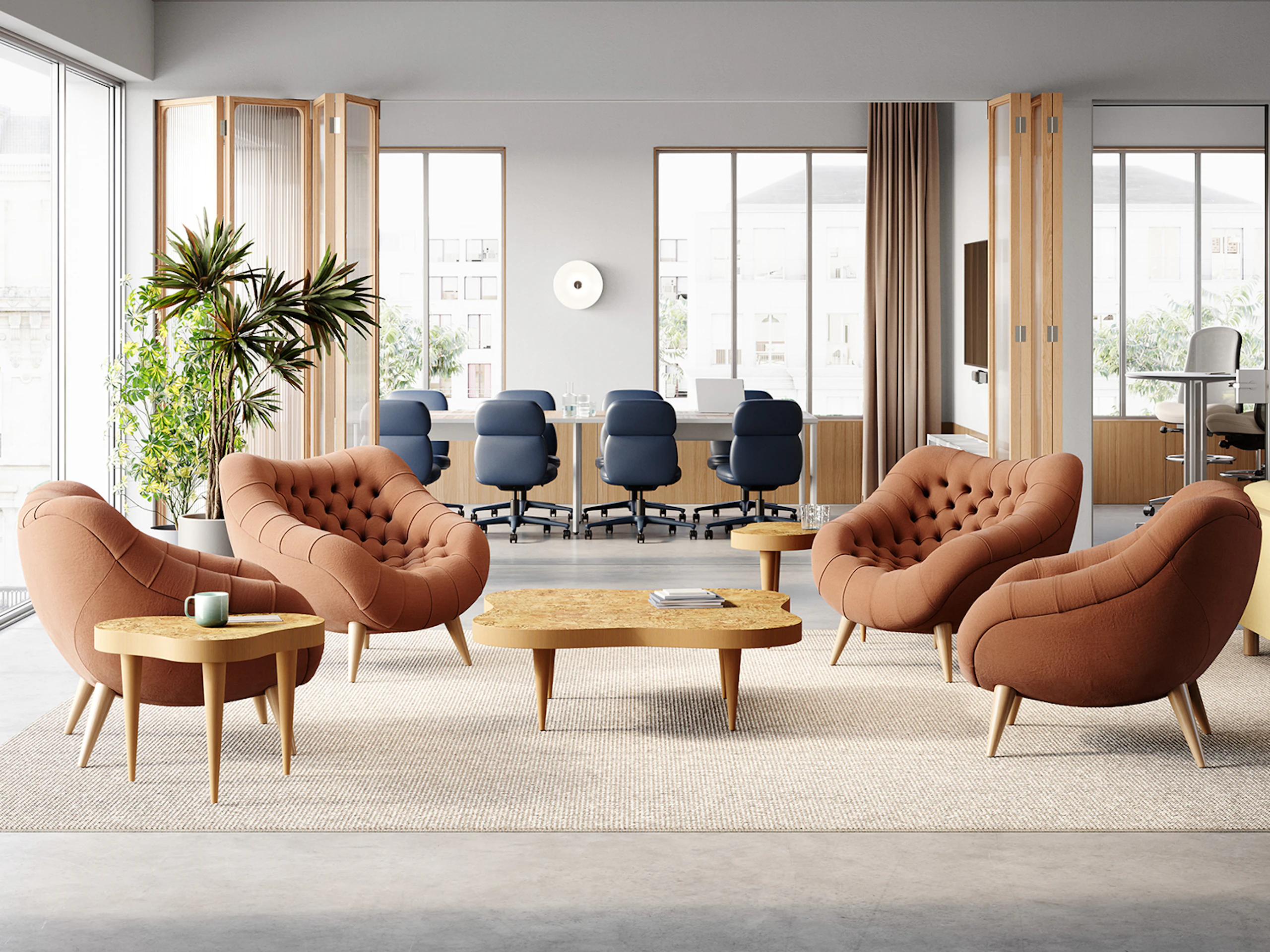 Lounge space with Rohde Easy Chairs and Rohde Paldao coffee and side table in oak burl.