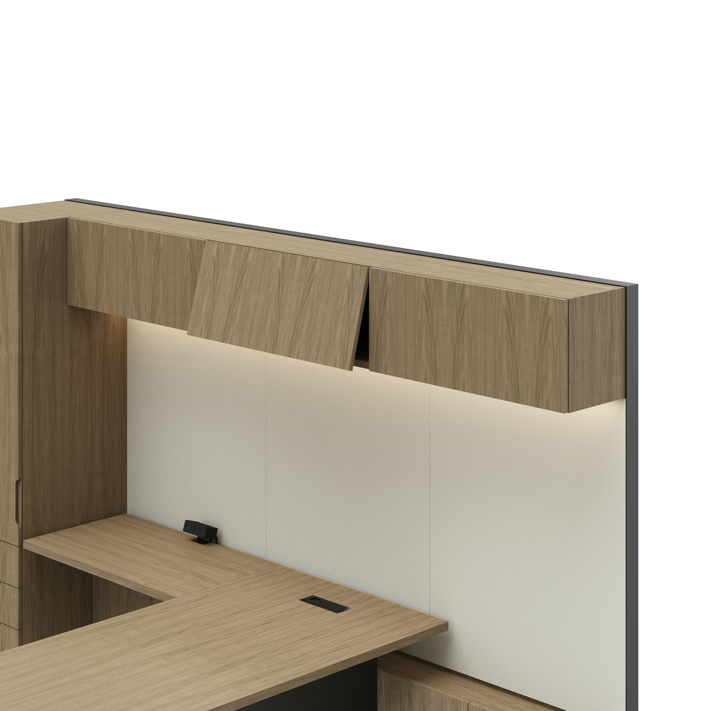 Detail shot of the Geiger One Casegoods overhead with flip up doors option in a Natural Flat Cut Walnut private office viewed from an angle.