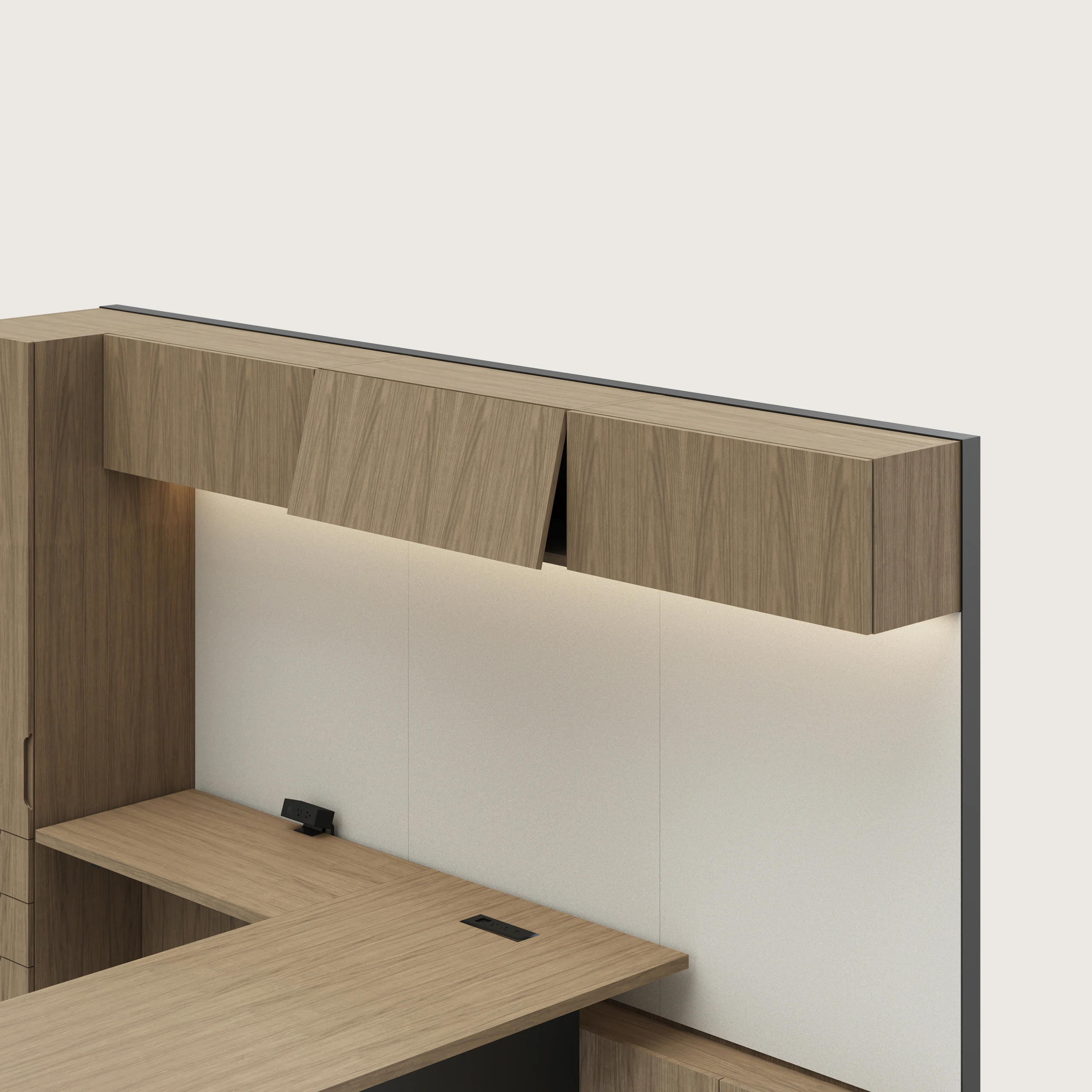 Detail shot of the Geiger One Casegoods overhead with flip up doors option in a Natural Flat Cut Walnut private office viewed from an angle.