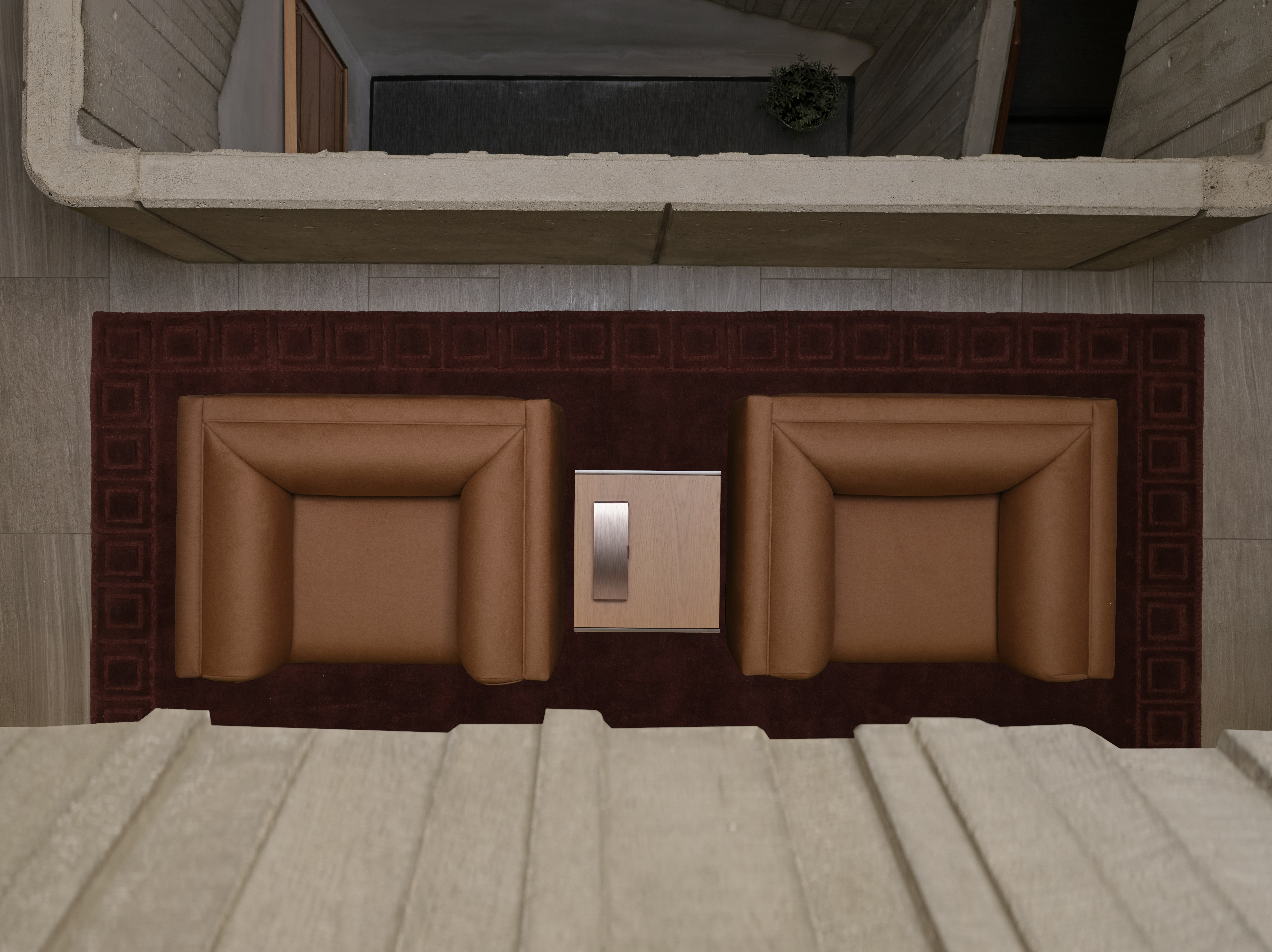 Rolled Arm Chairs from above, in brushed camel