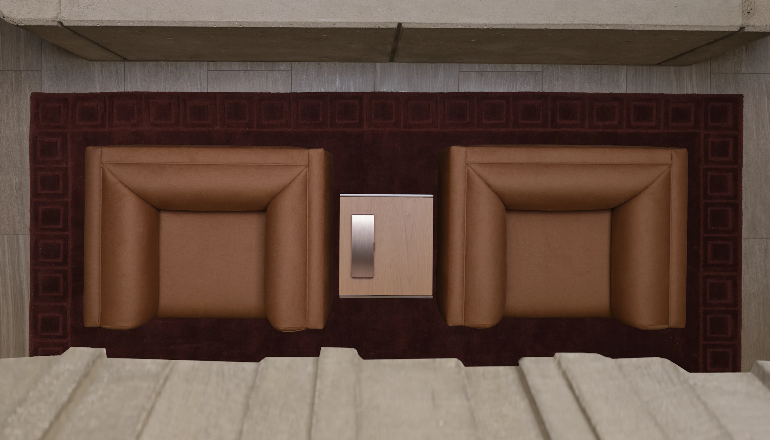 Rolled Arm Chairs from above, in brushed camel