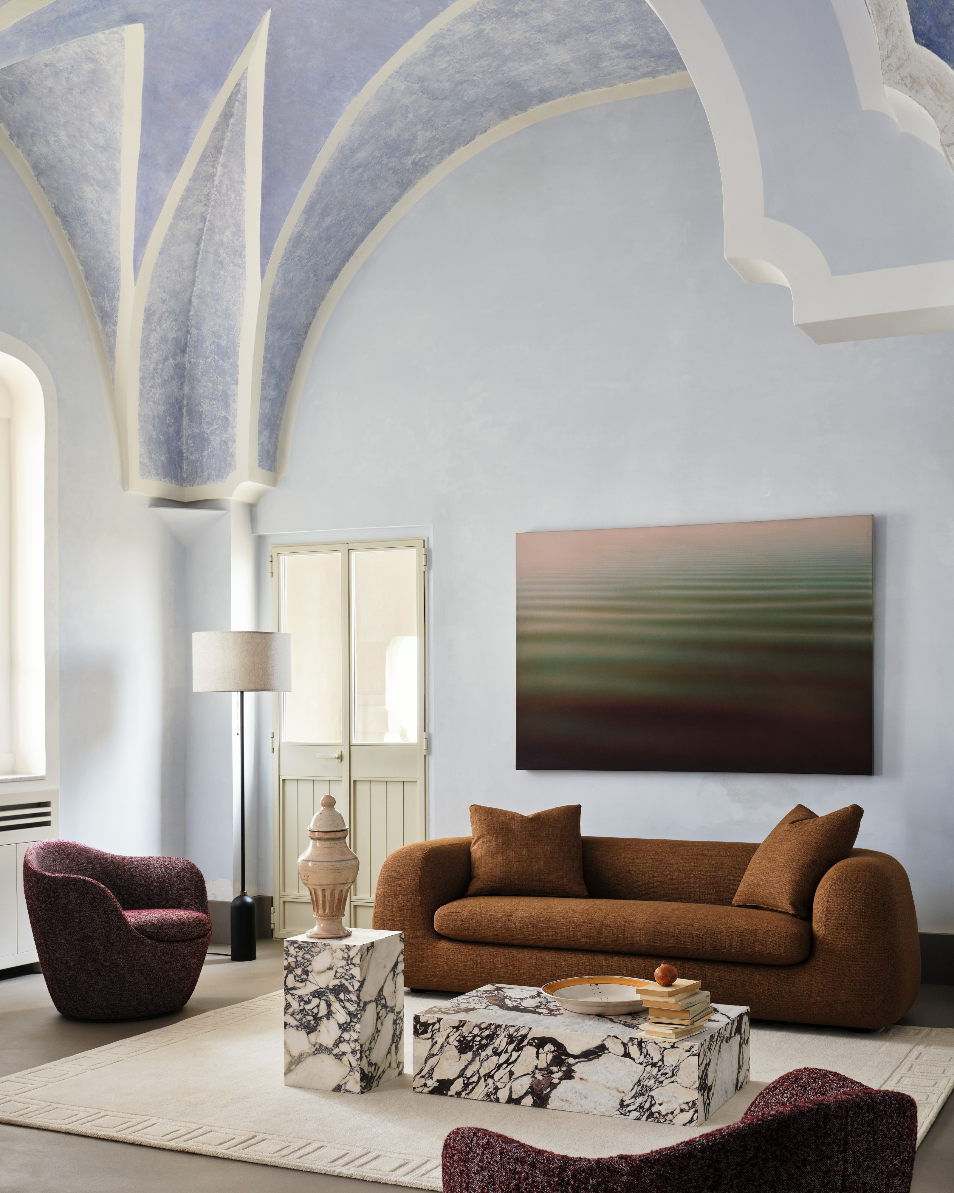 Americano Sofa in Rattan fabric with Plinth Tables and Lina Swivels in Ramil Merlot