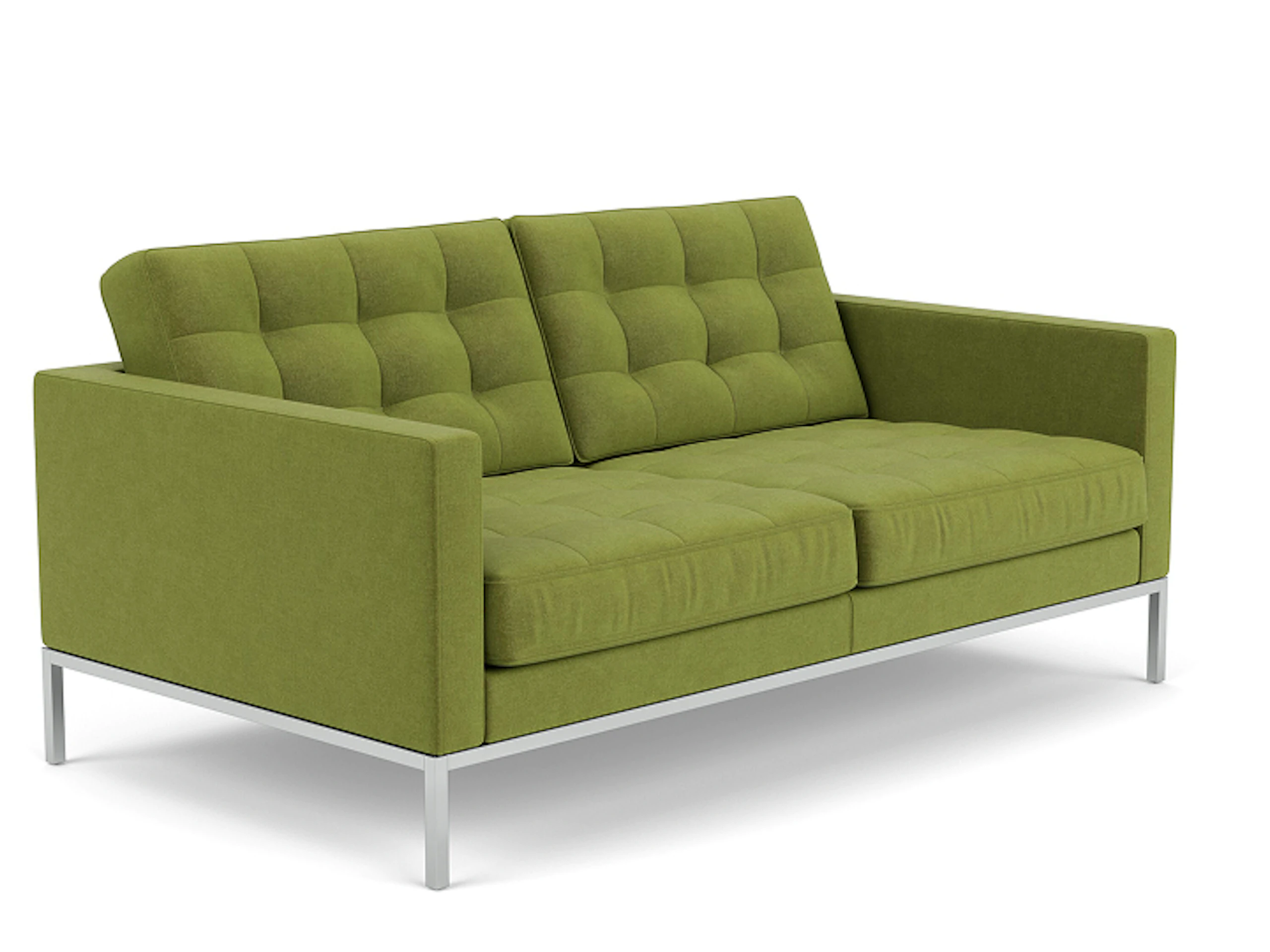 A front three quarter view of a green, two-seat Florence Knoll Sofa by Knoll on a white background