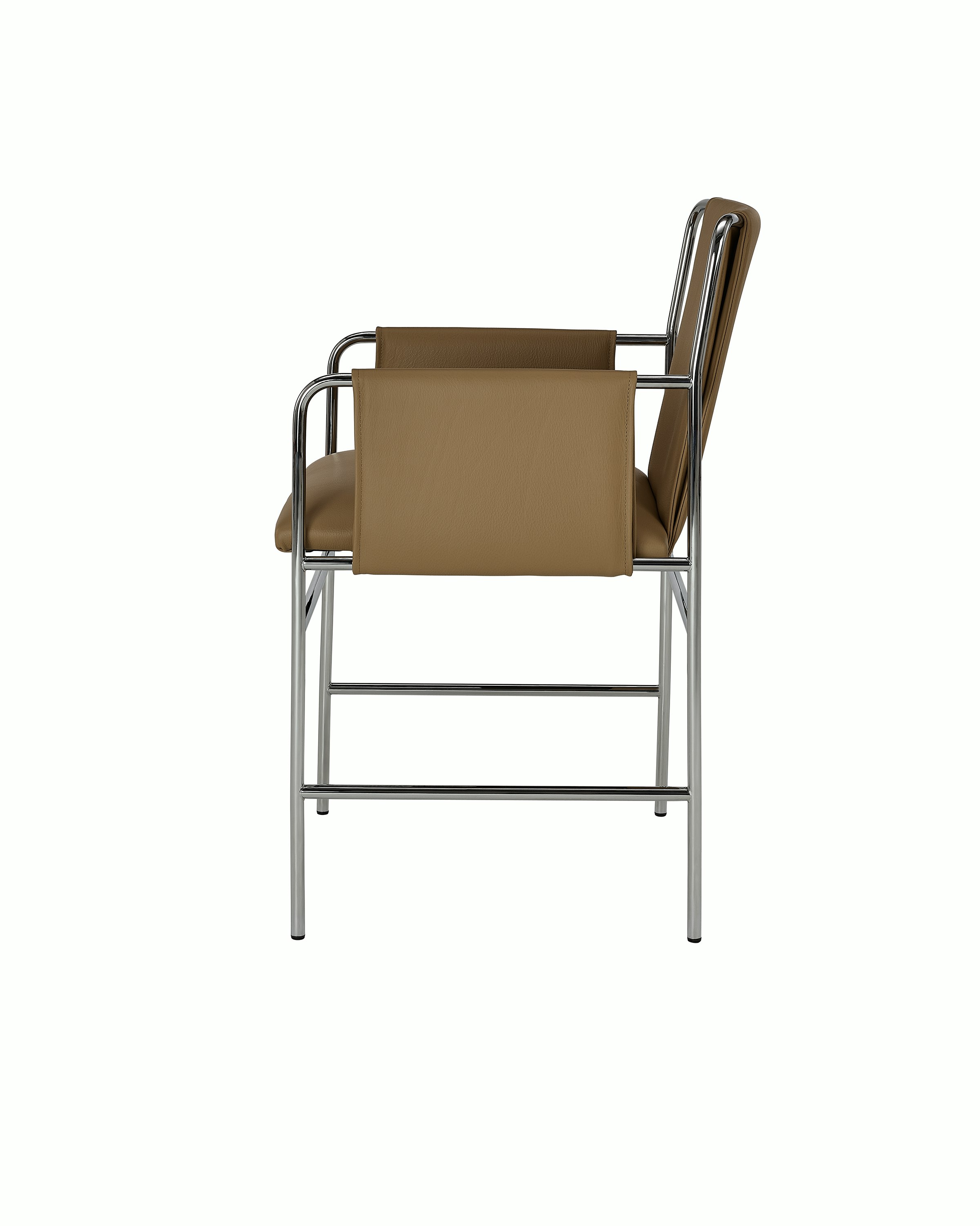 Envelope Chair designed by Ward Bennett upholstered in Prone Burlap Leather with a chrome base, shown in profile on a white sweep.