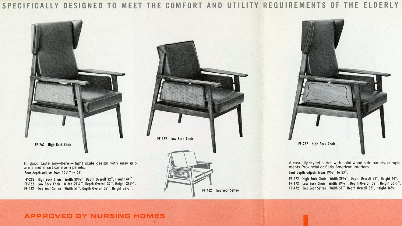 A page from a vintage furniture catalog advertising two high back chairs, a low back chair, and two seat settee.