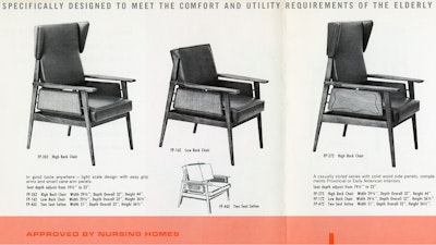 A page from a vintage furniture catalog advertising two high back chairs, a low back chair, and two seat settee.