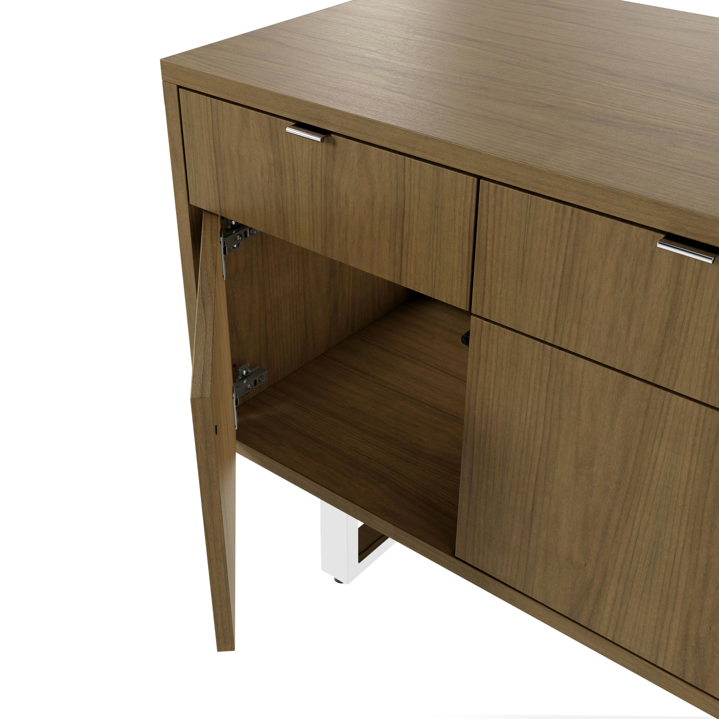 Detail shot of open hinged door on Highline Twenty Five Credenza in Natural Flat Cut Walnut with Polished Chrome base and drawer pulls.