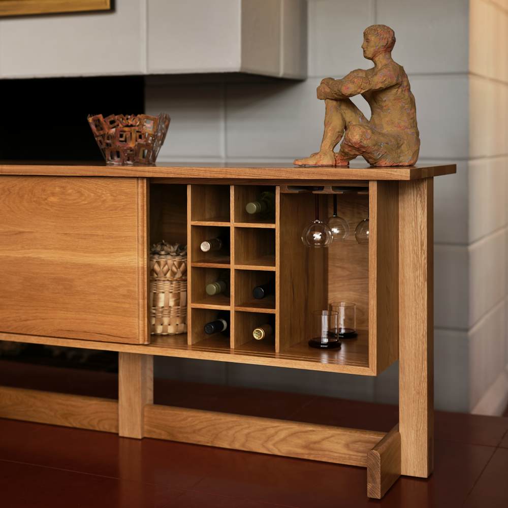 Land Storage Credenza - 66, With Bottle & Glass Storage, White Oak