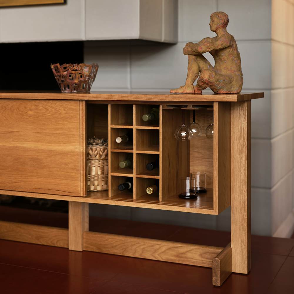 Land Storage Credenza - 66, With Bottle & Glass Storage, White Oak
