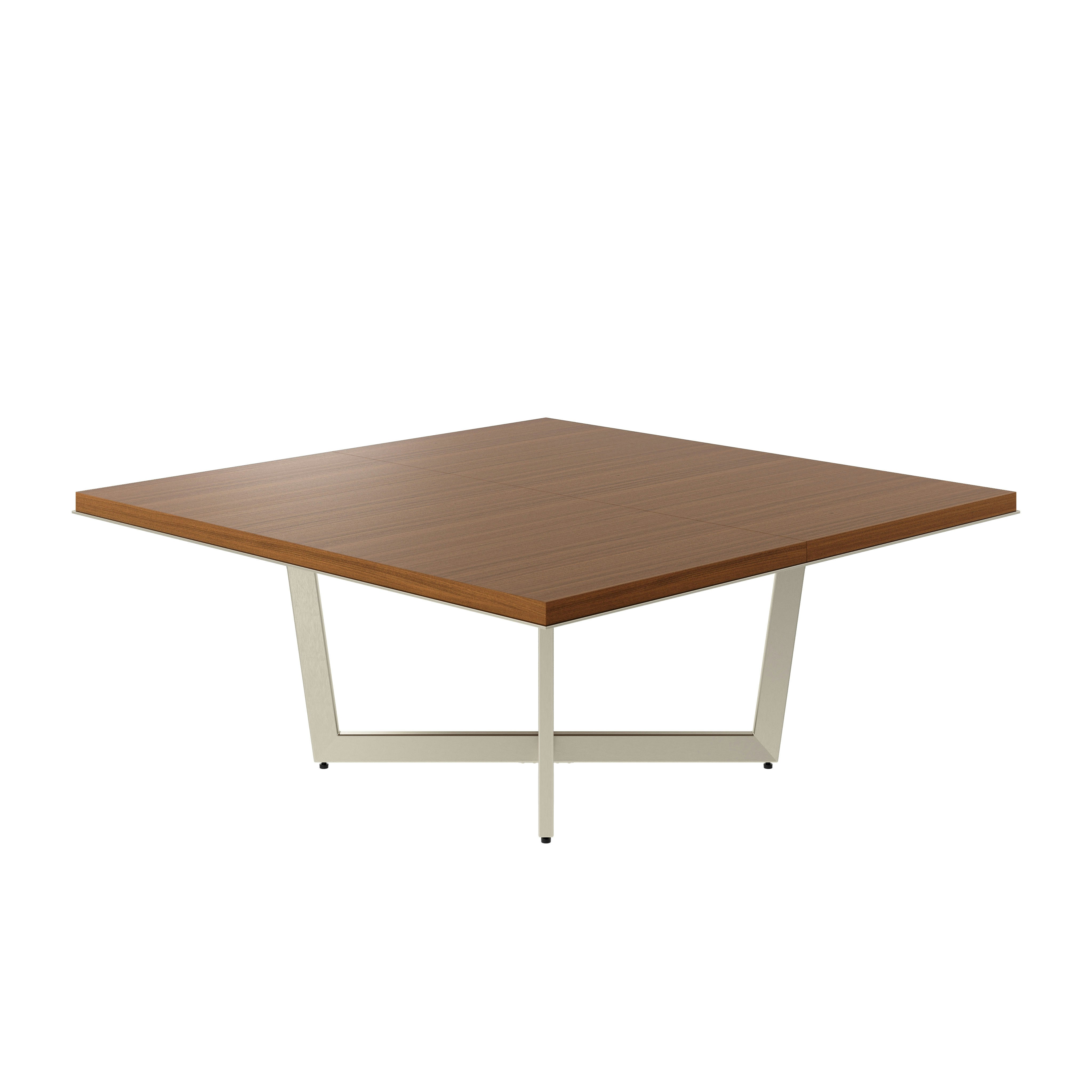Highline Meeting Table in Natural Quarter Cut Walnut with a Satin Nickel base viewed from a 45 degree angle..