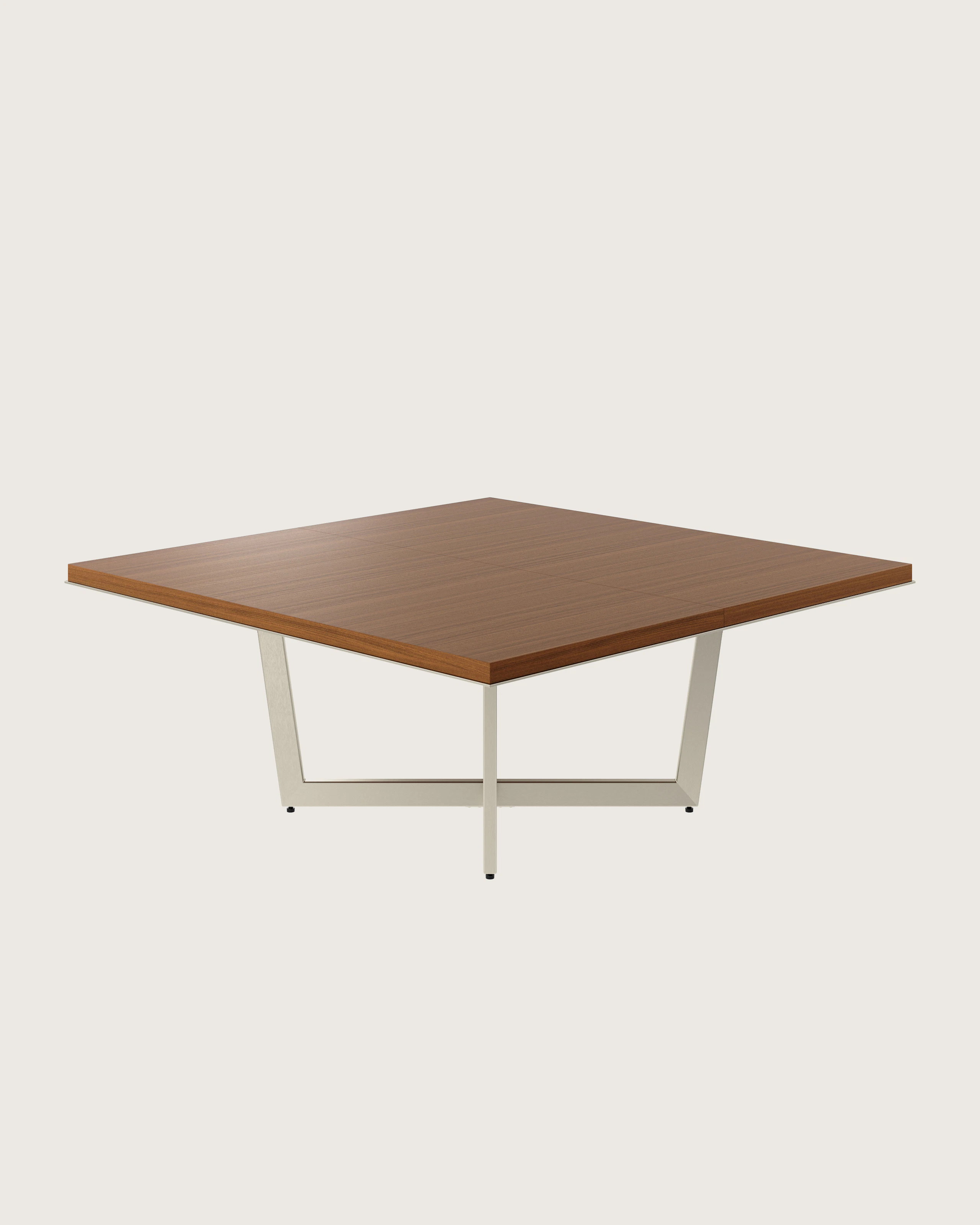 Highline Meeting Table in Natural Quarter Cut Walnut with a Satin Nickel base viewed from a 45 degree angle..
