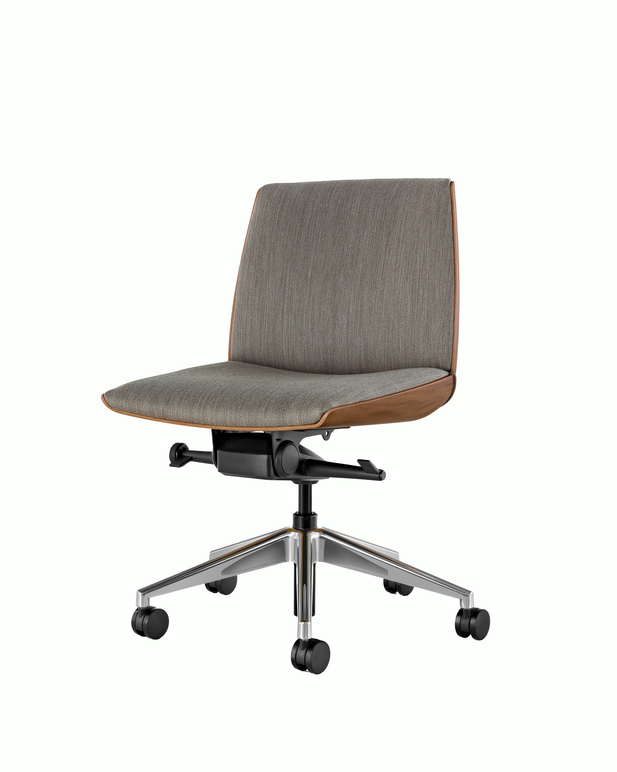 Angle view of a low-back Clamshell Conference chair with gray upholstery, a walnut shell, and no arms.