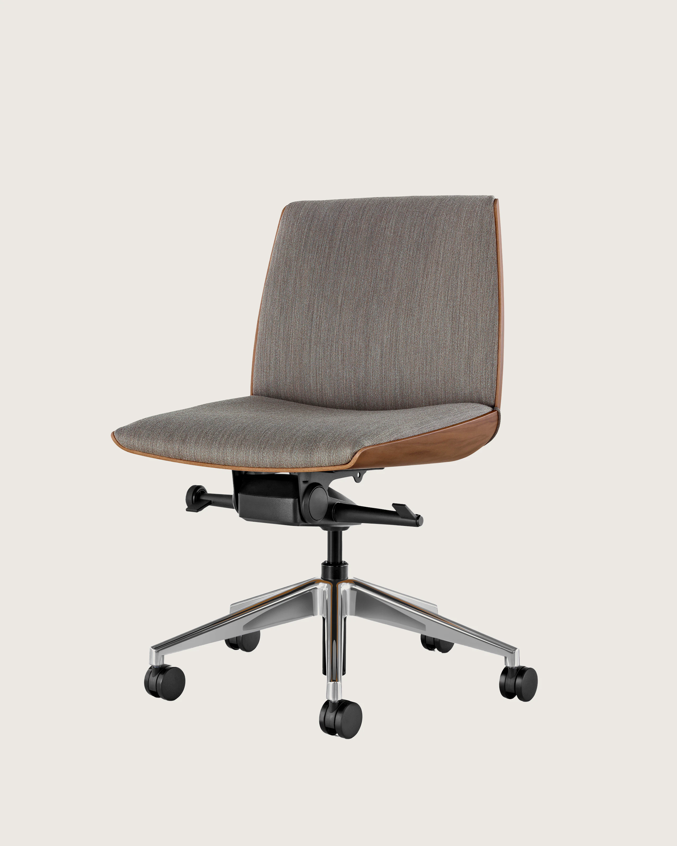 Angle view of a low-back Clamshell Conference chair with gray upholstery, a walnut shell, and no arms.