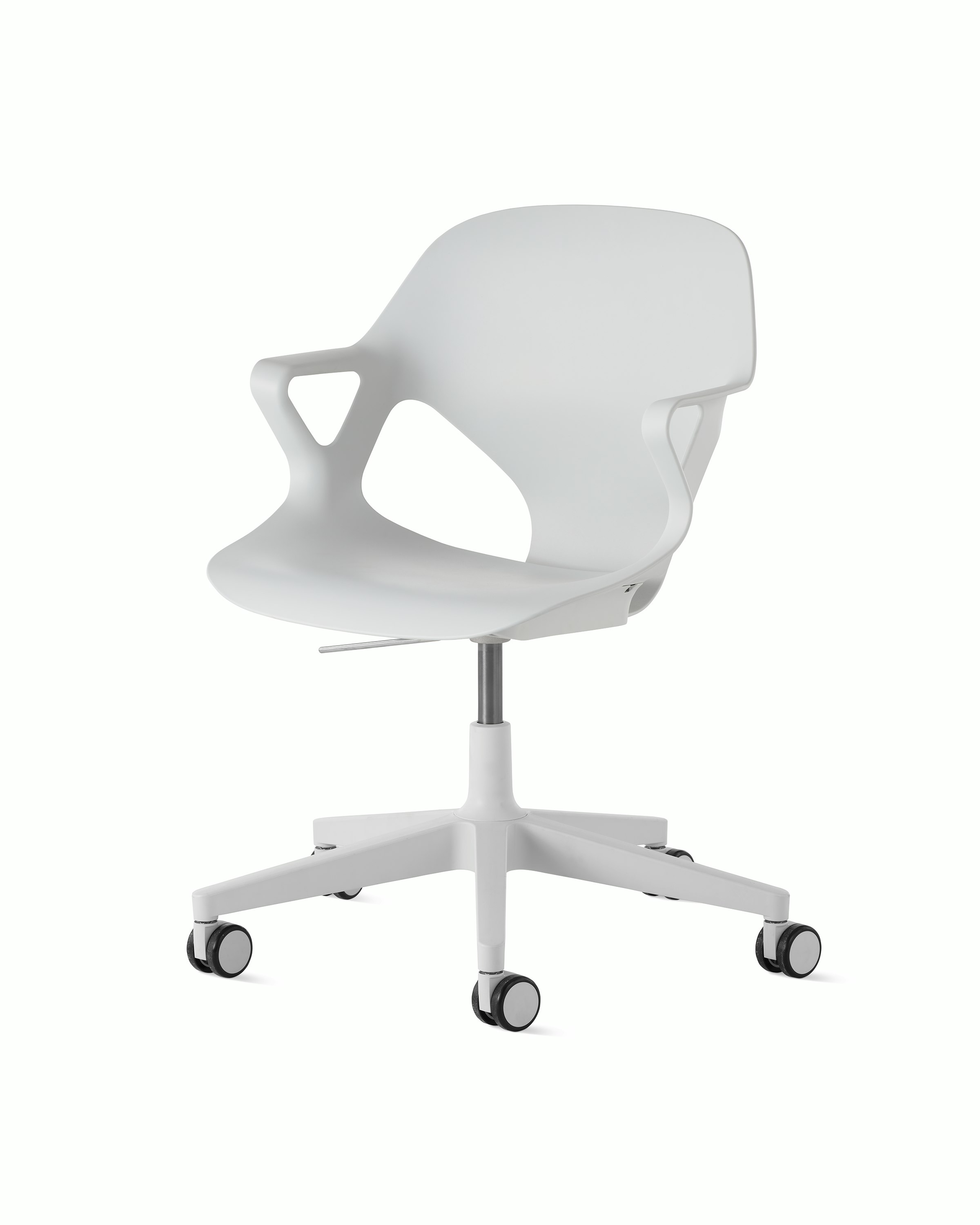 Front angle view of a Zeph chair with fixed arms in light grey.