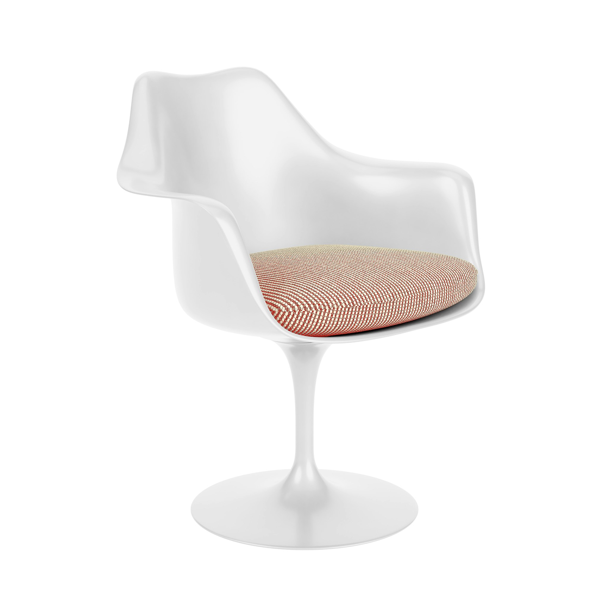 A Saarinen Tulip Armchair in Cato: Peony with a White base viewed from an angle.