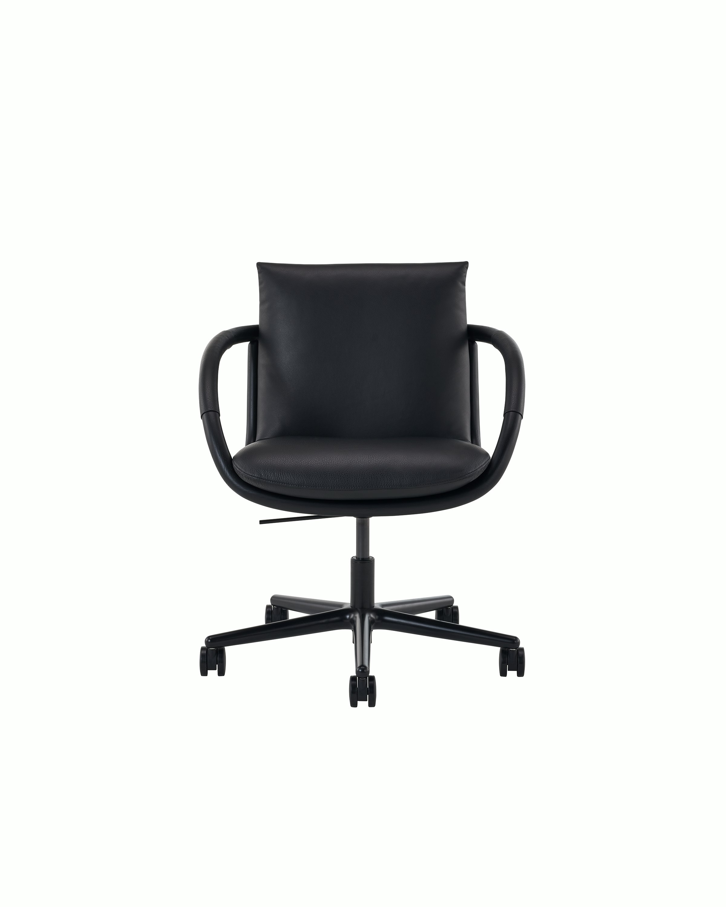 Full Loop Office Chair in Ebony and Black Leather on a black base with casters.