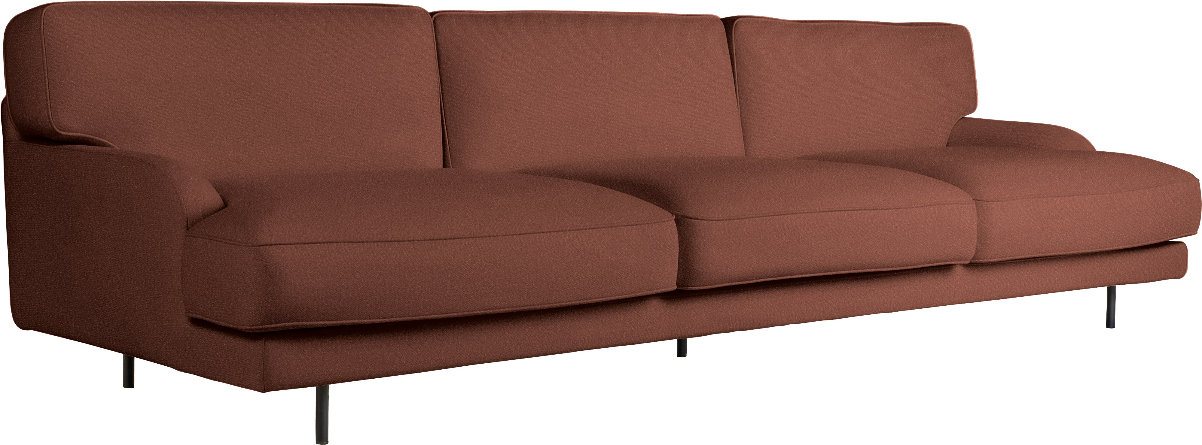 A Flaneur Sofa in Rose Viewed from an angle.