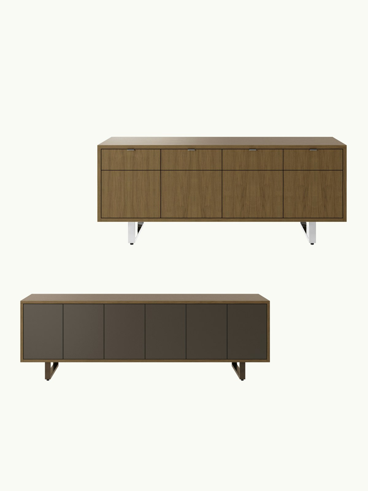 Two Highline Twenty Five Credenzas in dark wood finishes with metal bases, one positioned staggered above the other, both shown front facing on a white sweep.