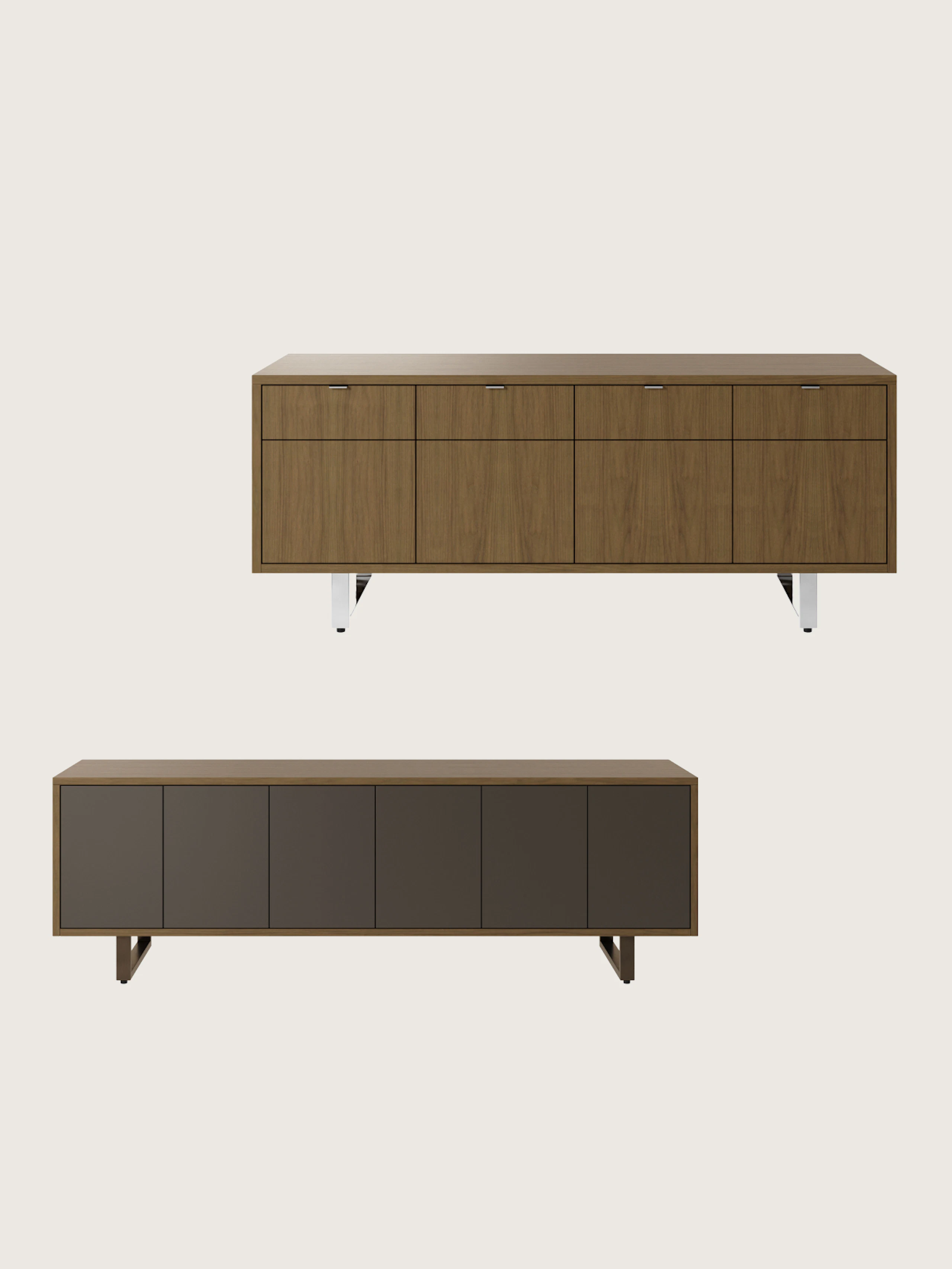 Two Highline Twenty Five Credenzas in dark wood finishes with metal bases, one positioned staggered above the other, both shown front facing on a white sweep.