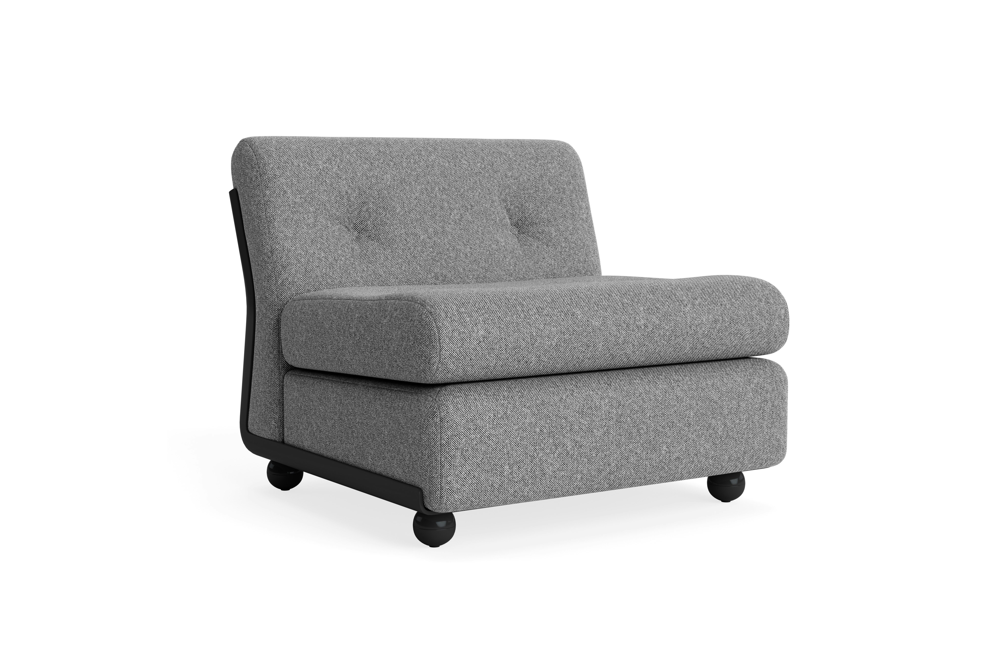 Single-seat gray upholstered Amanta sofa with sculpted cushions and black legs, front angle.