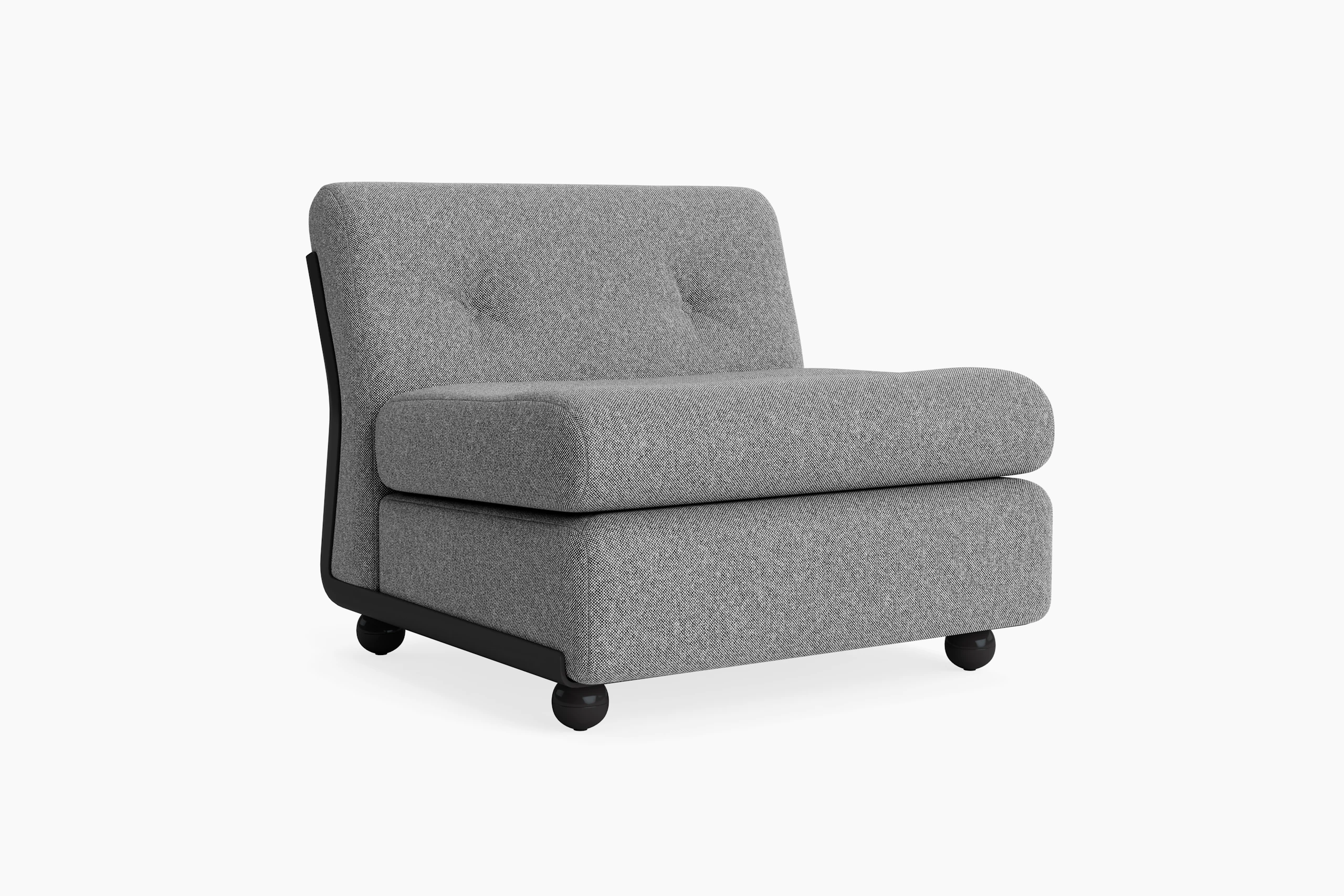 Single-seat gray upholstered Amanta sofa with sculpted cushions and black legs, front angle.