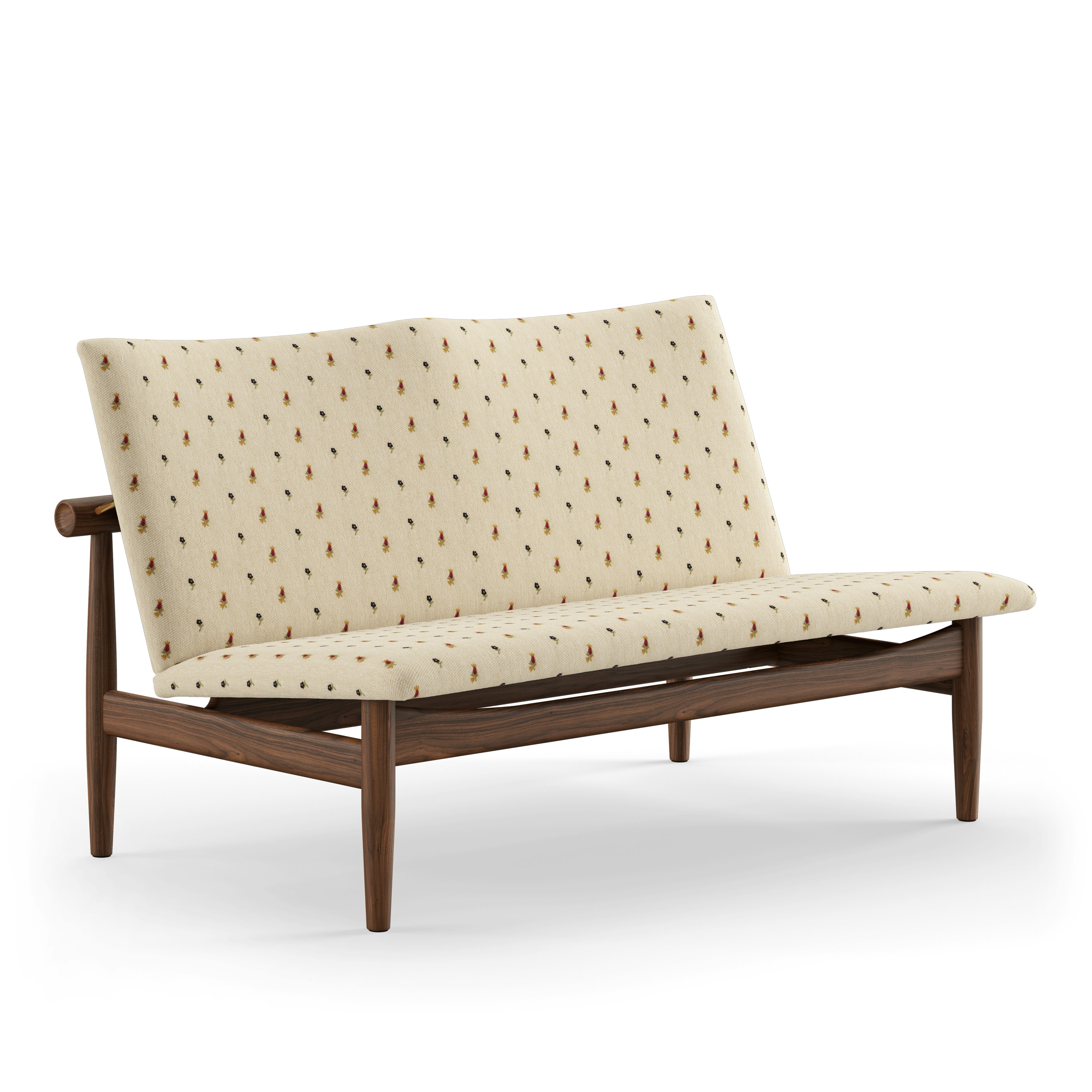 A Japan Sofa in Walnut viewed from an angle.