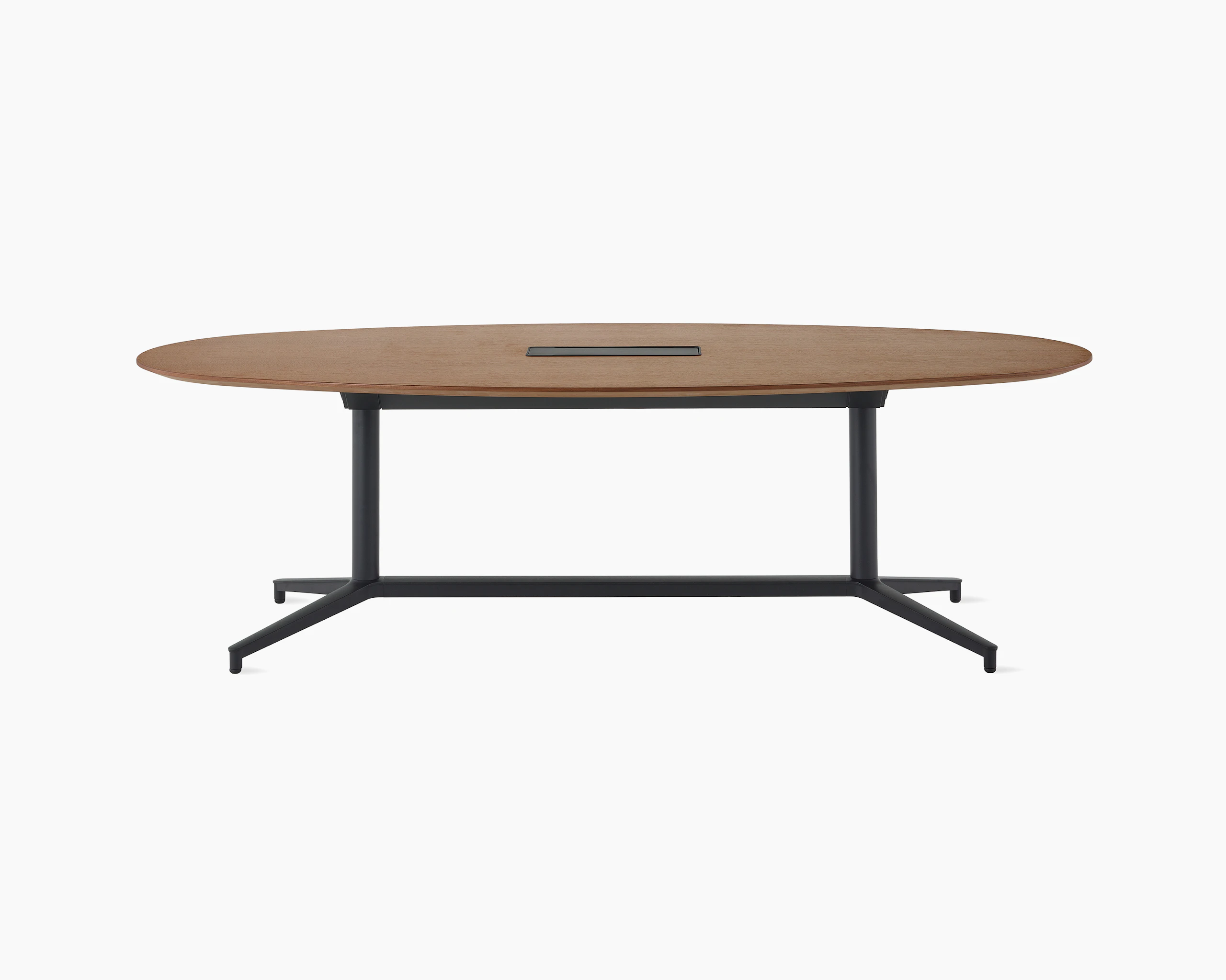 An oval Y base Headway conference table with a medium wood top and black base.