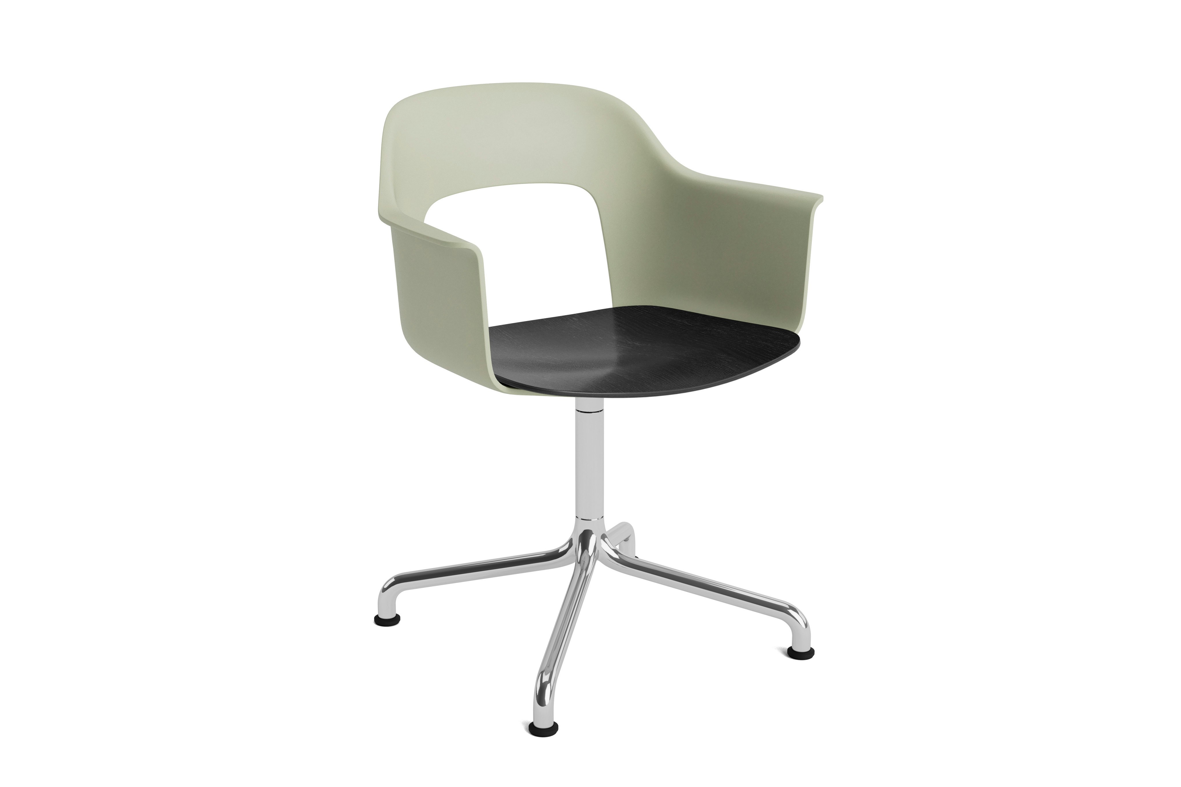 Layout Armchair light green polypropylene arm shell with black oak veneer seat on polished aluminum arc base, front angled view