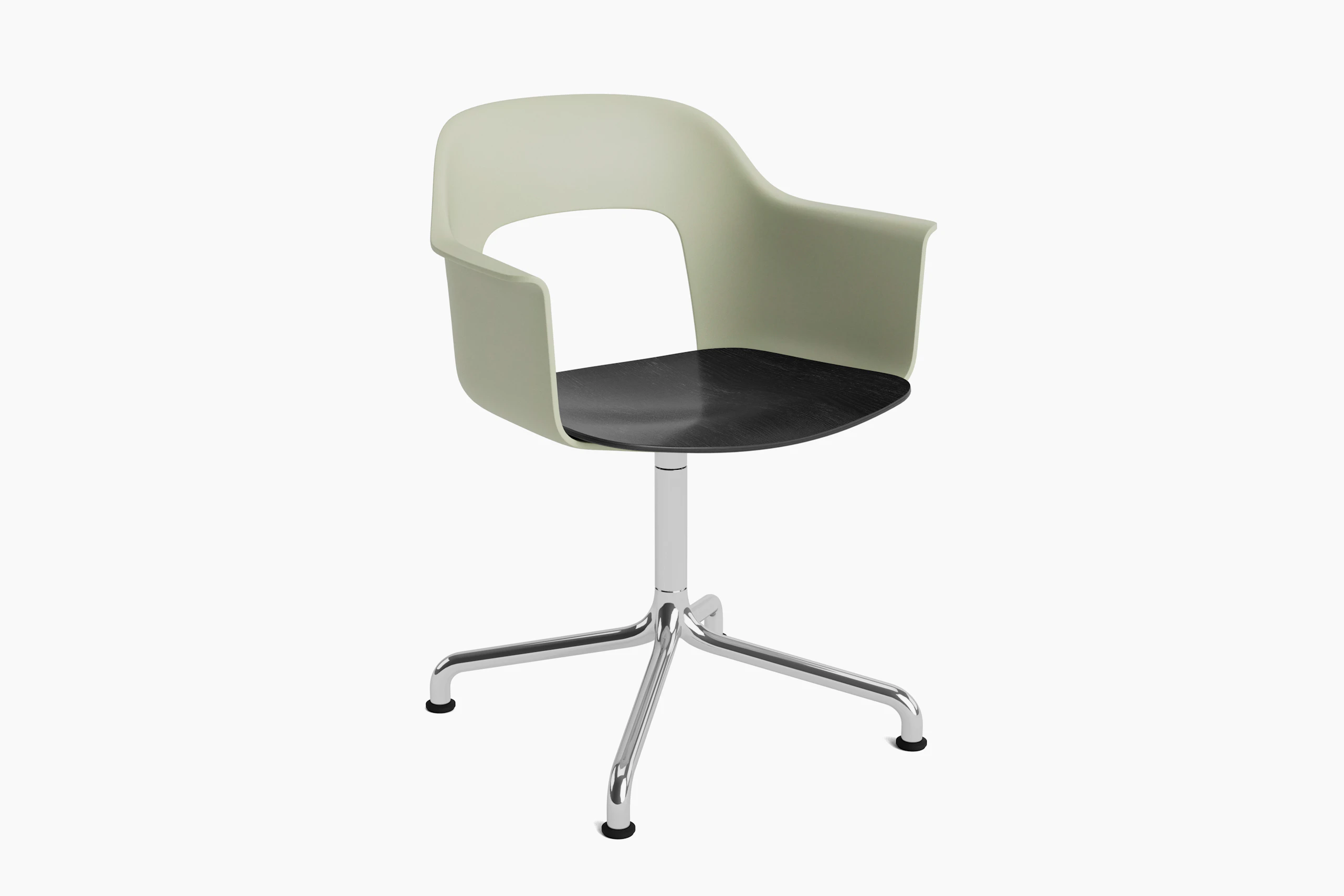 Layout Armchair light green polypropylene arm shell with black oak veneer seat on polished aluminum arc base, front angled view