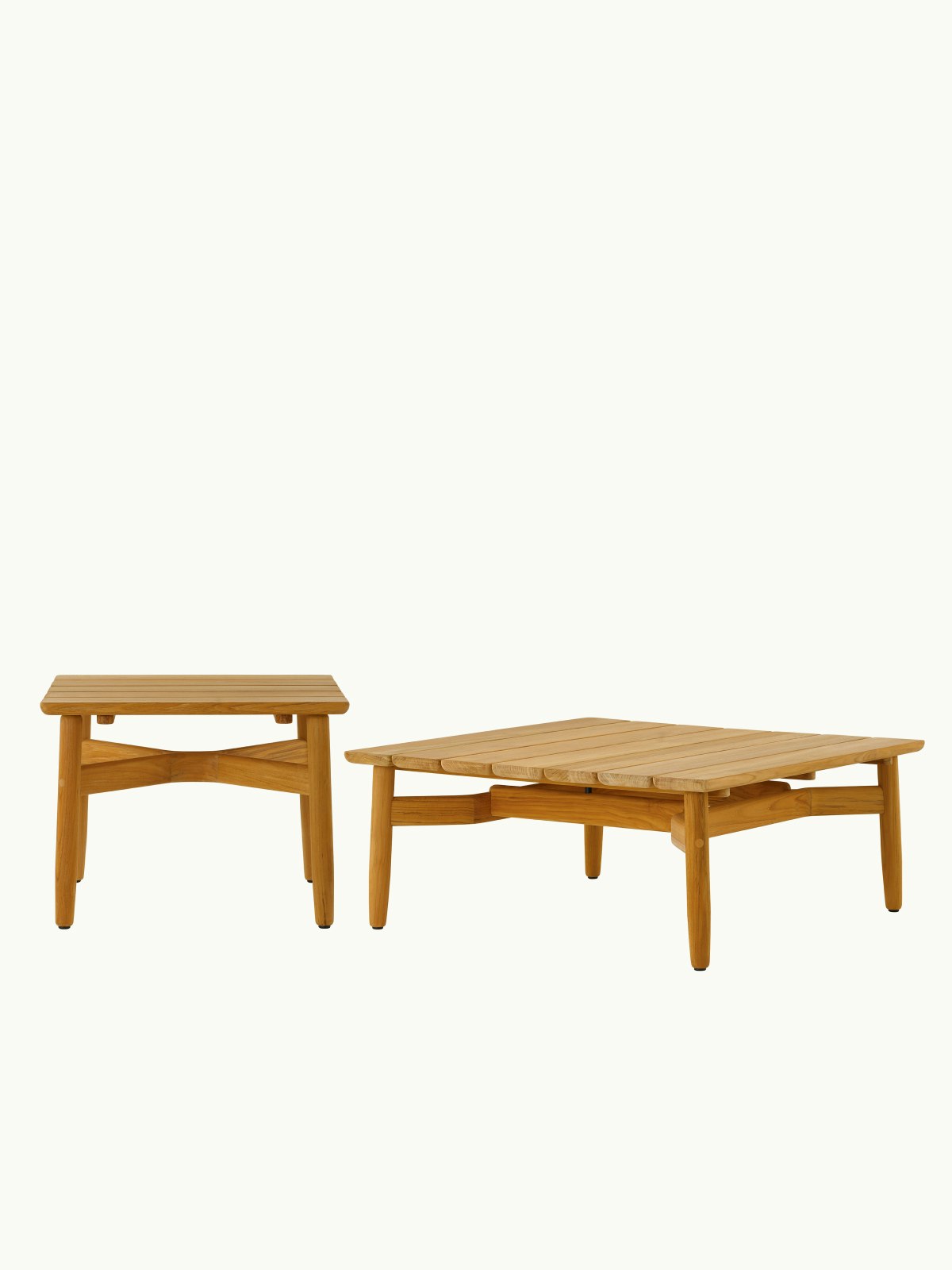 Two Teak Crosshatch Outdoor Tables designed by EOOS, one front-facing side table version, and one coffee table version shown at an angle, on a white sweep.
