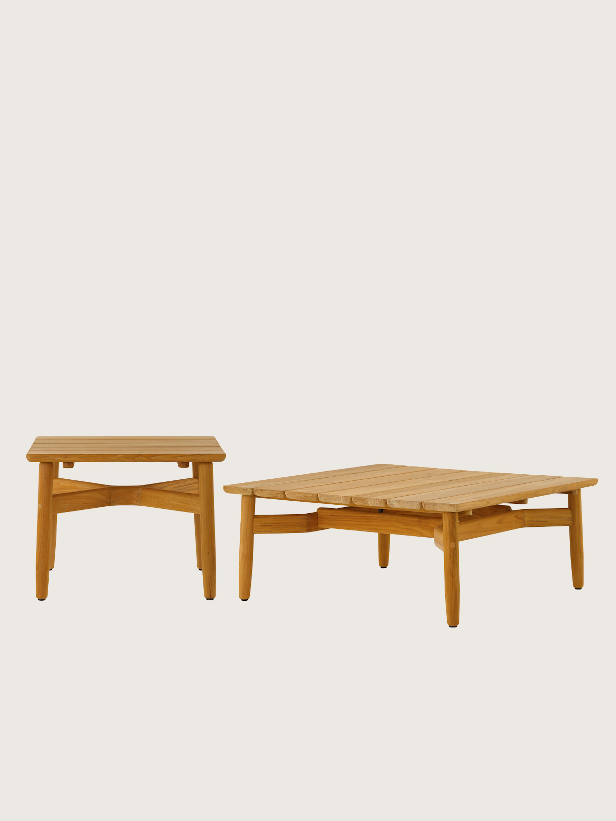 Two Teak Crosshatch Outdoor Tables designed by EOOS, one front-facing side table version, and one coffee table version shown at an angle, on a white sweep.