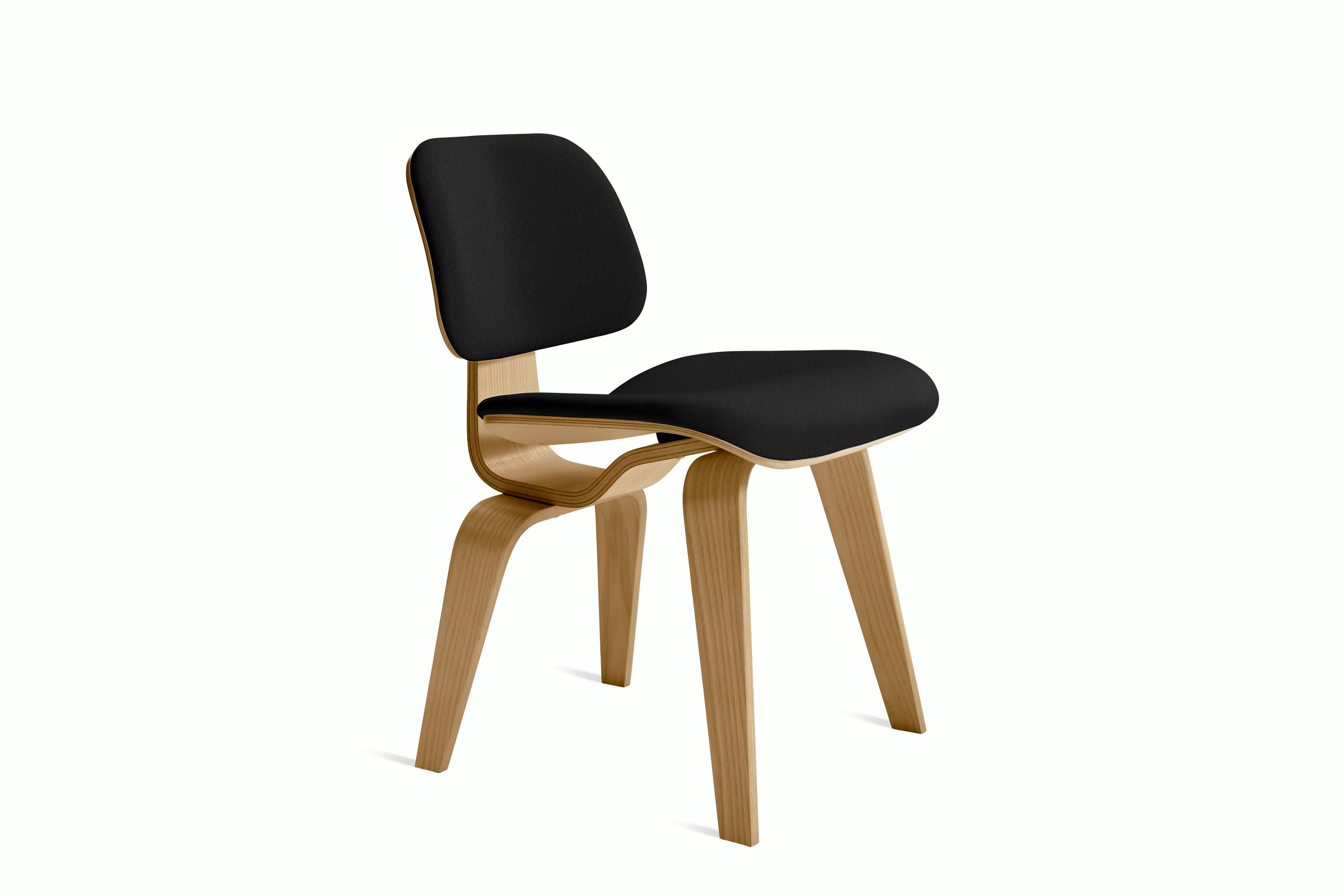 A Eames Molded Plywood Dining Chair Wood Base (DCW) in oak obsidian viewed from an angle.