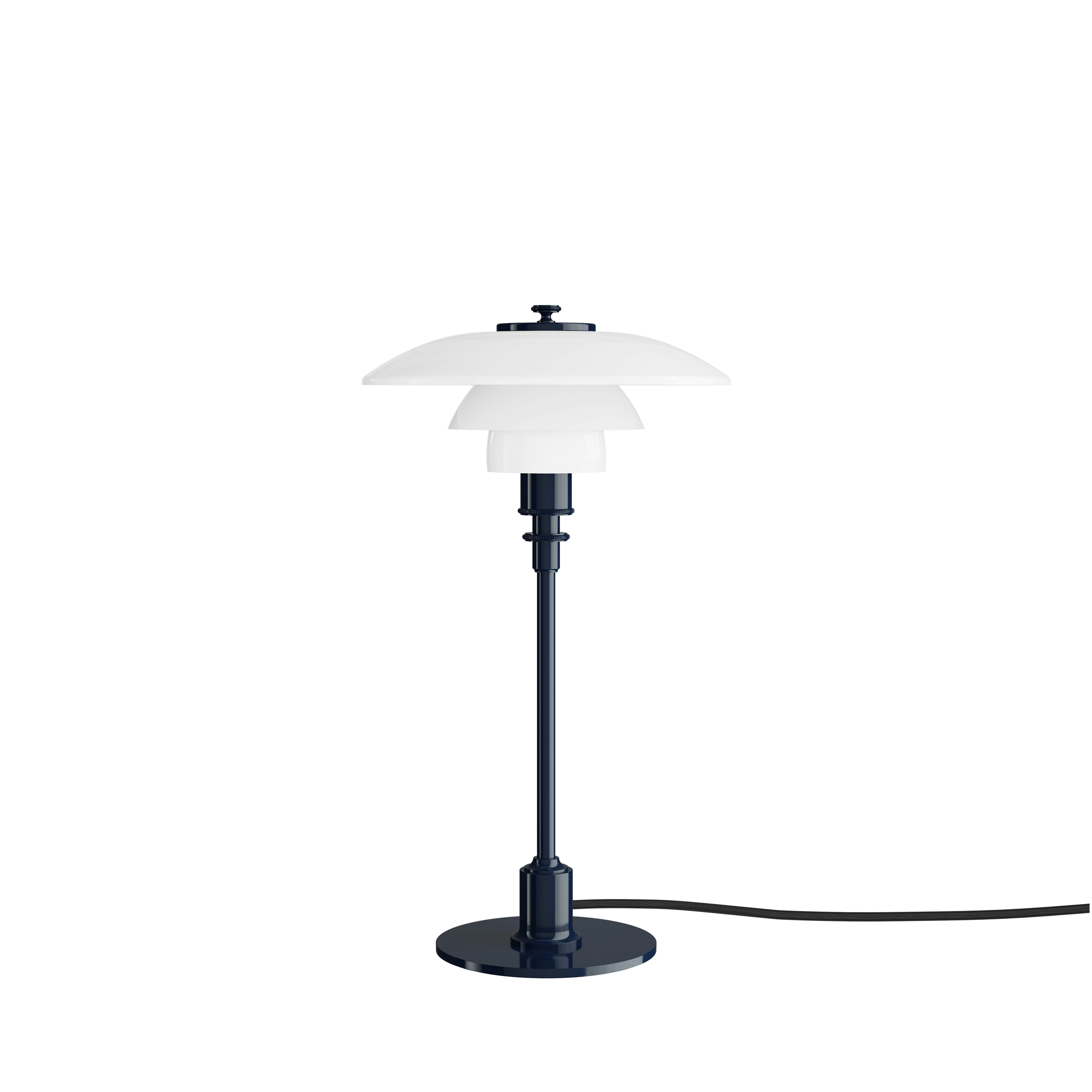 A PH 2/1 Table Lamp in Opal / Glossy Deep Blue viewed from the front.
