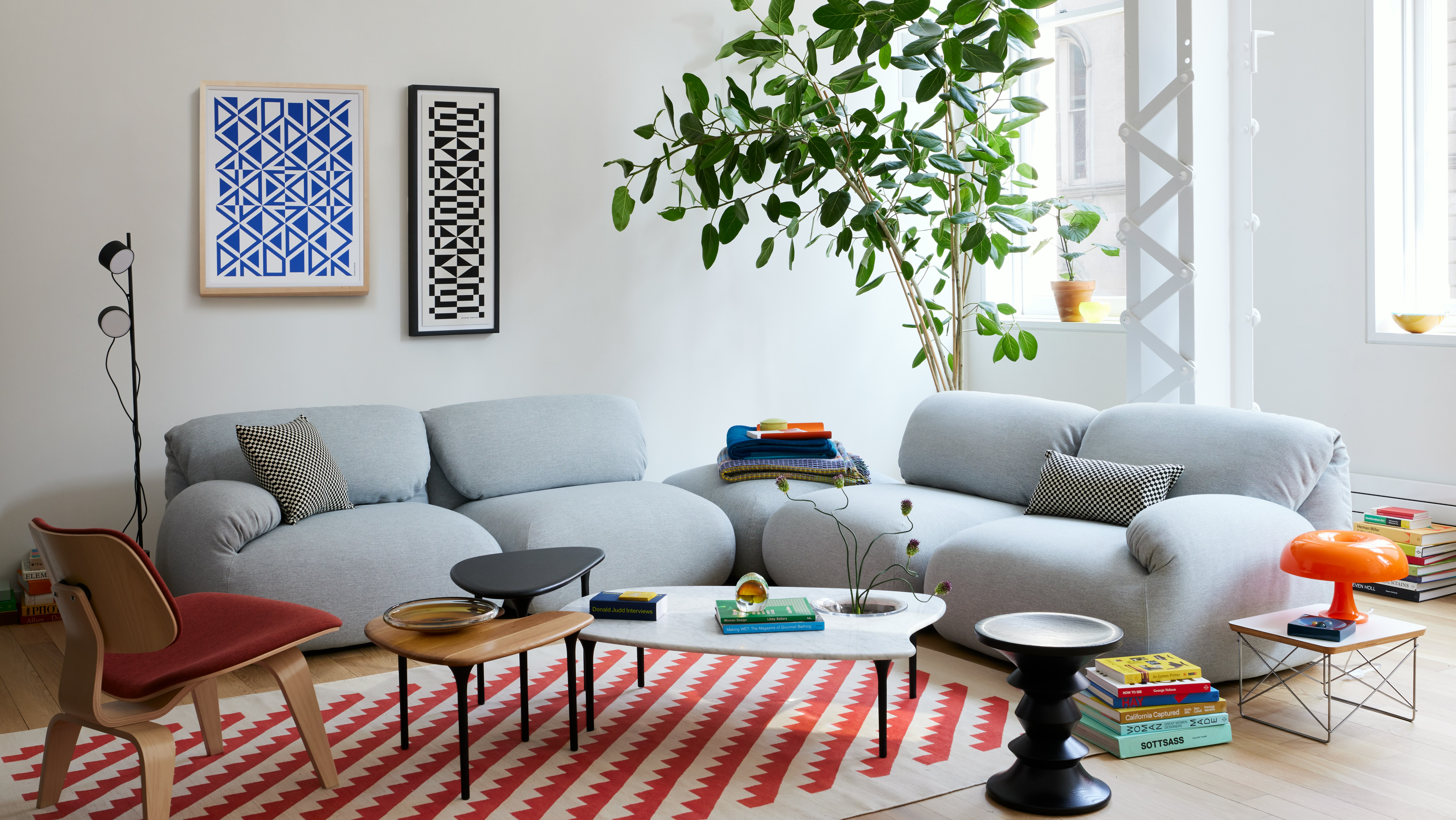 Luva Modular Corner Sectional, Cyclade Tables and Eames Turned Stool