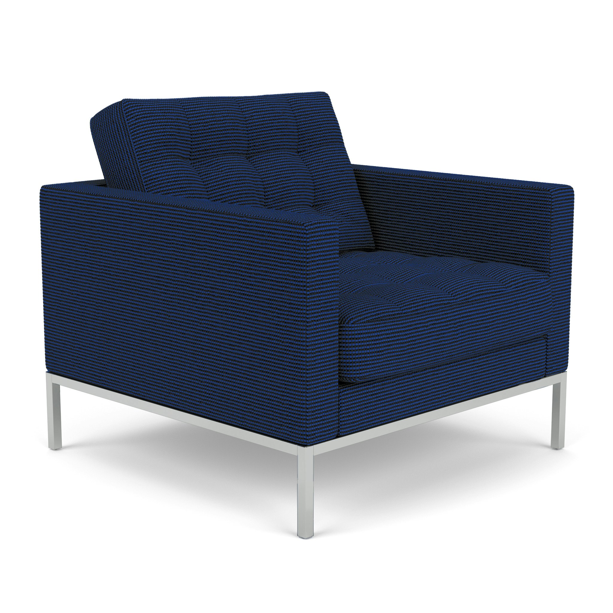 A Florence Knoll Relaxed Lounge Chair in Lazuli with Chrome viewed from an angle.