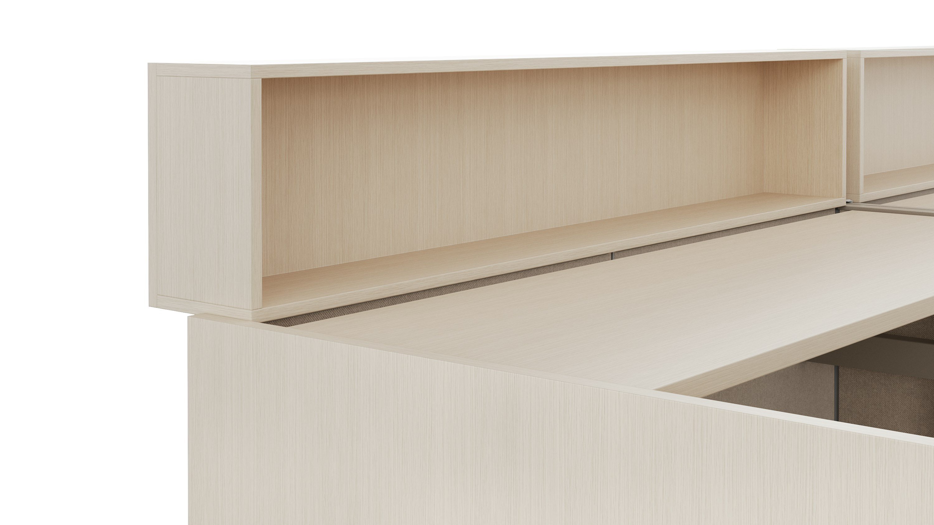 A detail rendering shown at an angle of a height adjustable work surface and personal storage cubby attached to the work surface.