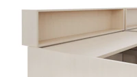 A detail rendering shown at an angle of a height adjustable work surface and personal storage cubby attached to the work surface.
