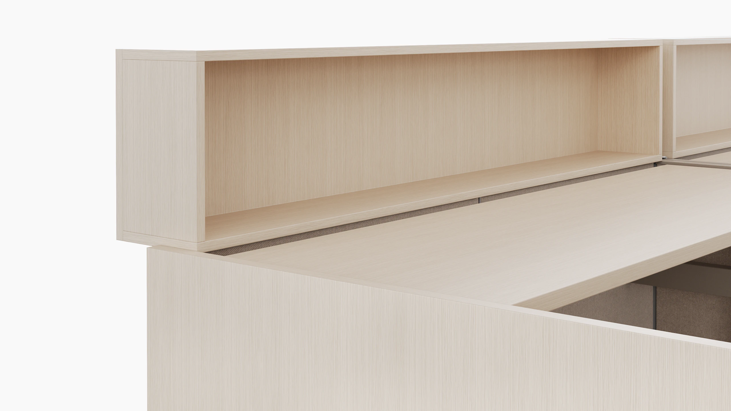 A detail rendering shown at an angle of a height adjustable work surface and personal storage cubby attached to the work surface.