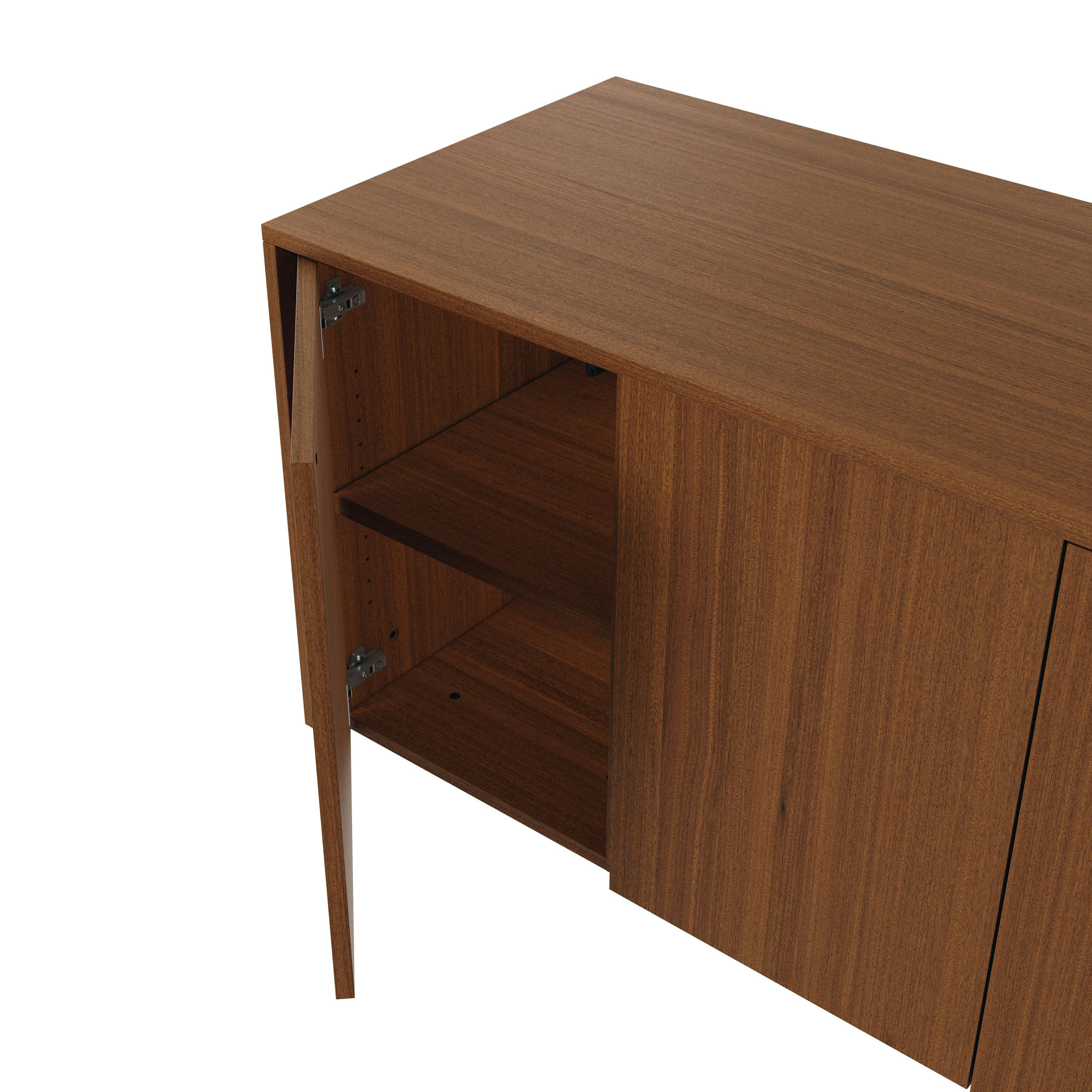 Detail shot of an open hinged cabinet door on a JD Credenza in Natural Quarter Cut Walnut.