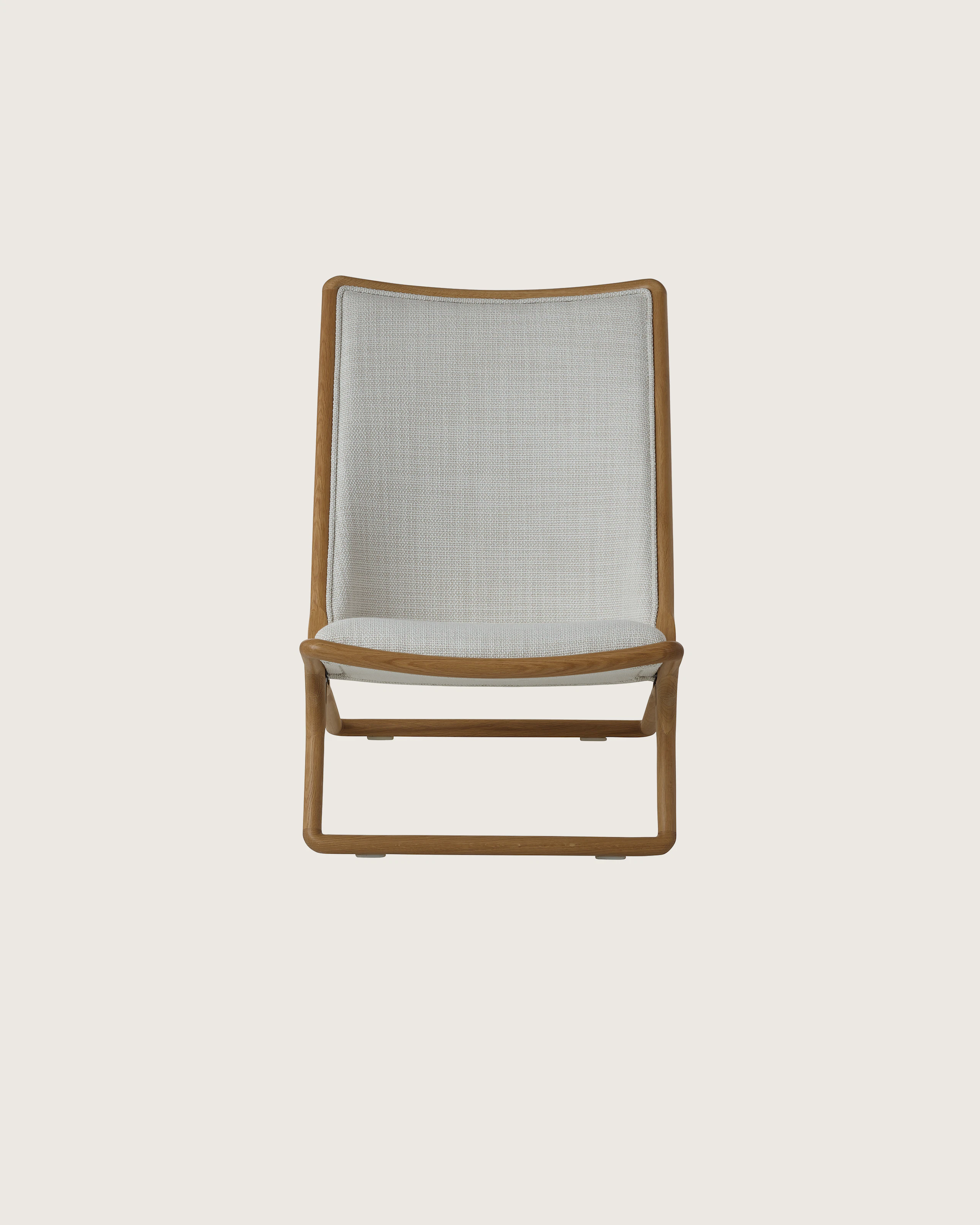 Scissor Chair by Ward Bennett for Geiger in Natural Oak with Capri in Show upholstery, front view on a white sweep.