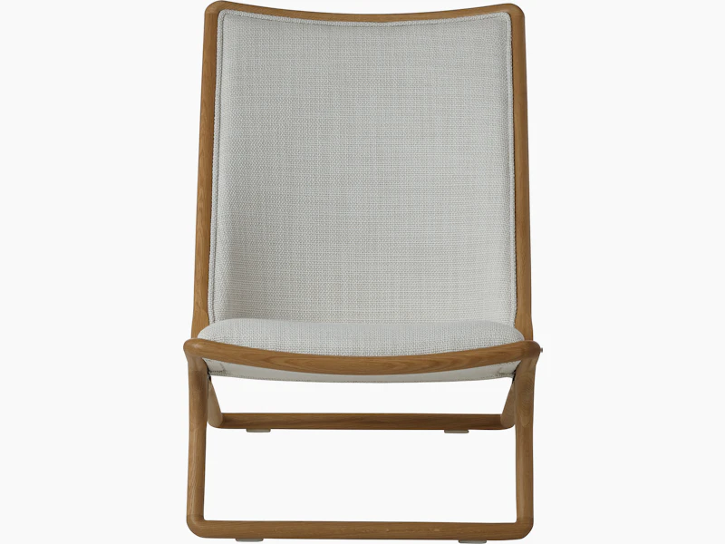 Scissor Chair by Ward Bennett for Geiger in Natural Oak with Capri in Show upholstery, front view on a white sweep.